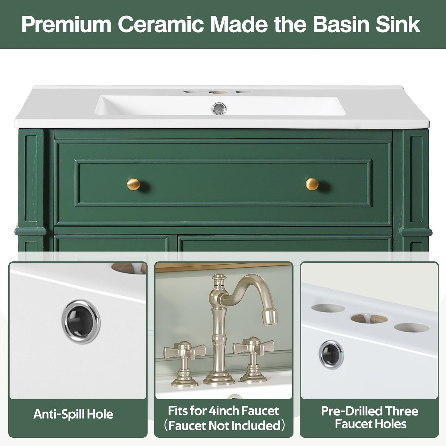 VanityFus 30-in Green Single Sink Bathroom Vanity with Ceramic Top Undermount 1 Soft-Closing Door 3 Drawers Adjustable Shelves