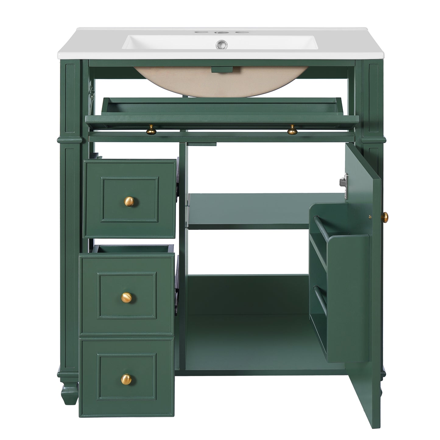VanityFus 30-in Green Single Sink Bathroom Vanity with Ceramic Top Undermount 1 Soft-Closing Door 3 Drawers Adjustable Shelves