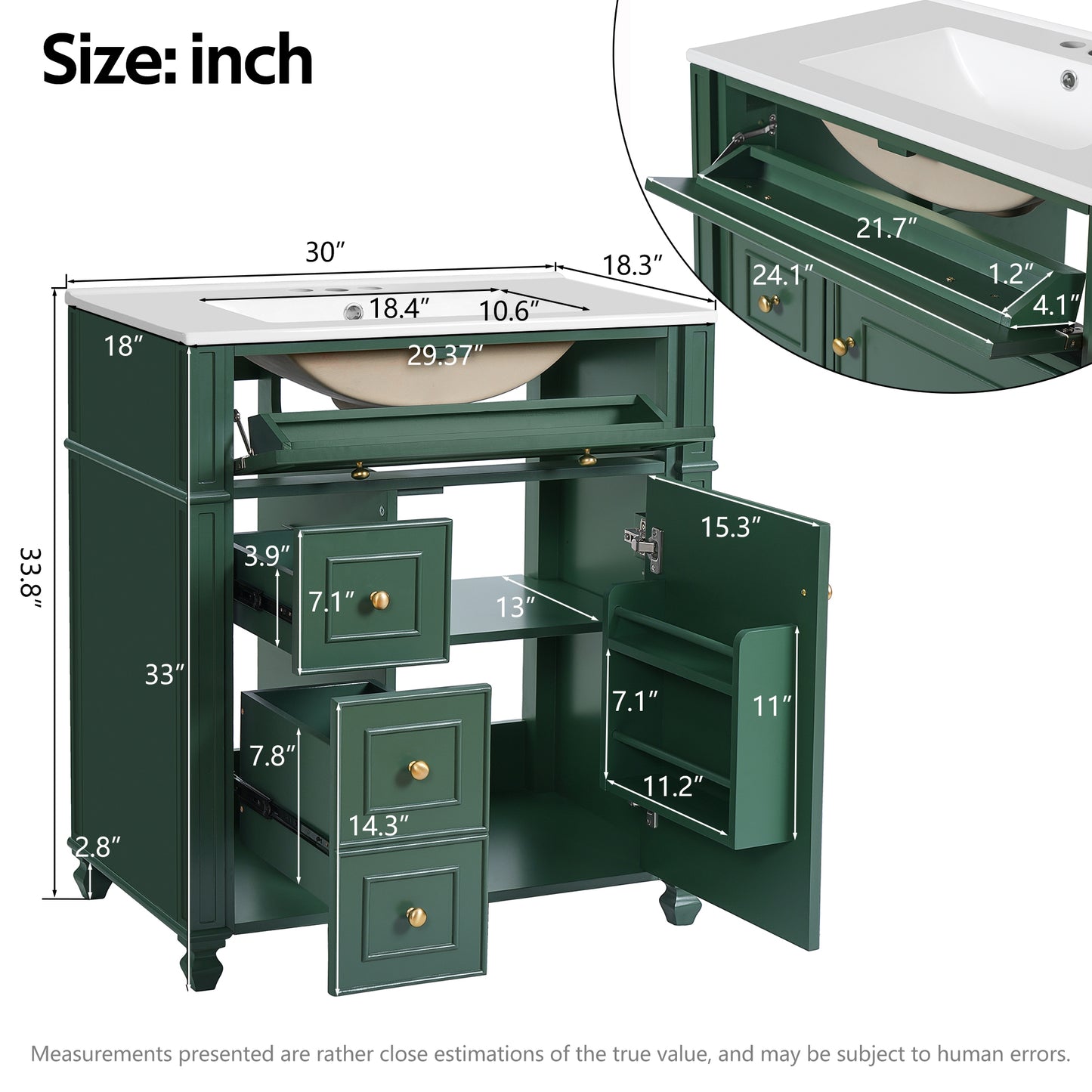 VanityFus 30-in Green Single Sink Bathroom Vanity with Ceramic Top Undermount 1 Soft-Closing Door 3 Drawers Adjustable Shelves