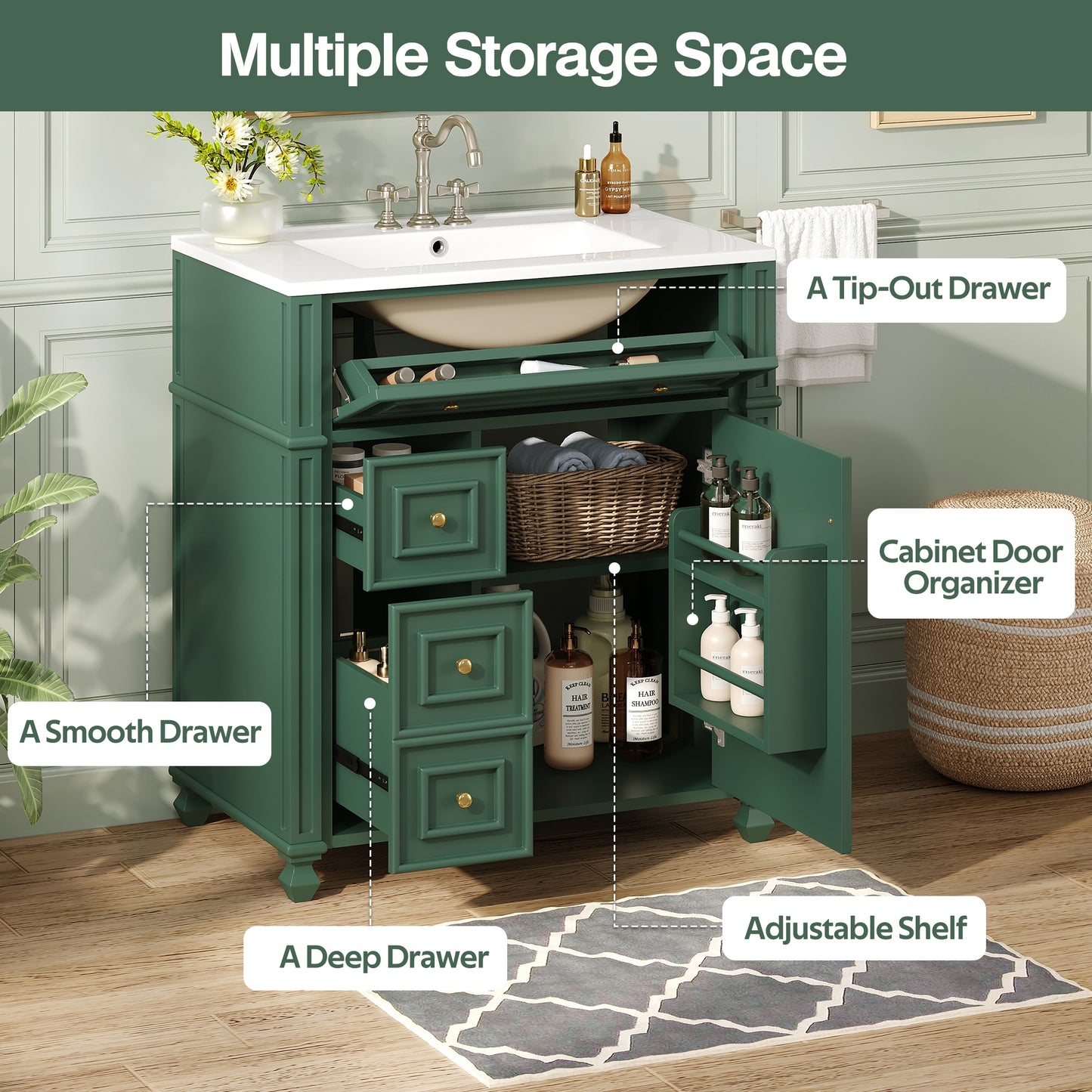 VanityFus 30-in Green Single Sink Bathroom Vanity with Ceramic Top Undermount 1 Soft-Closing Door 3 Drawers Adjustable Shelves