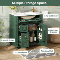 VanityFus 30-in Green Single Sink Bathroom Vanity with Ceramic Top Undermount 1 Soft-Closing Door 3 Drawers Adjustable Shelves