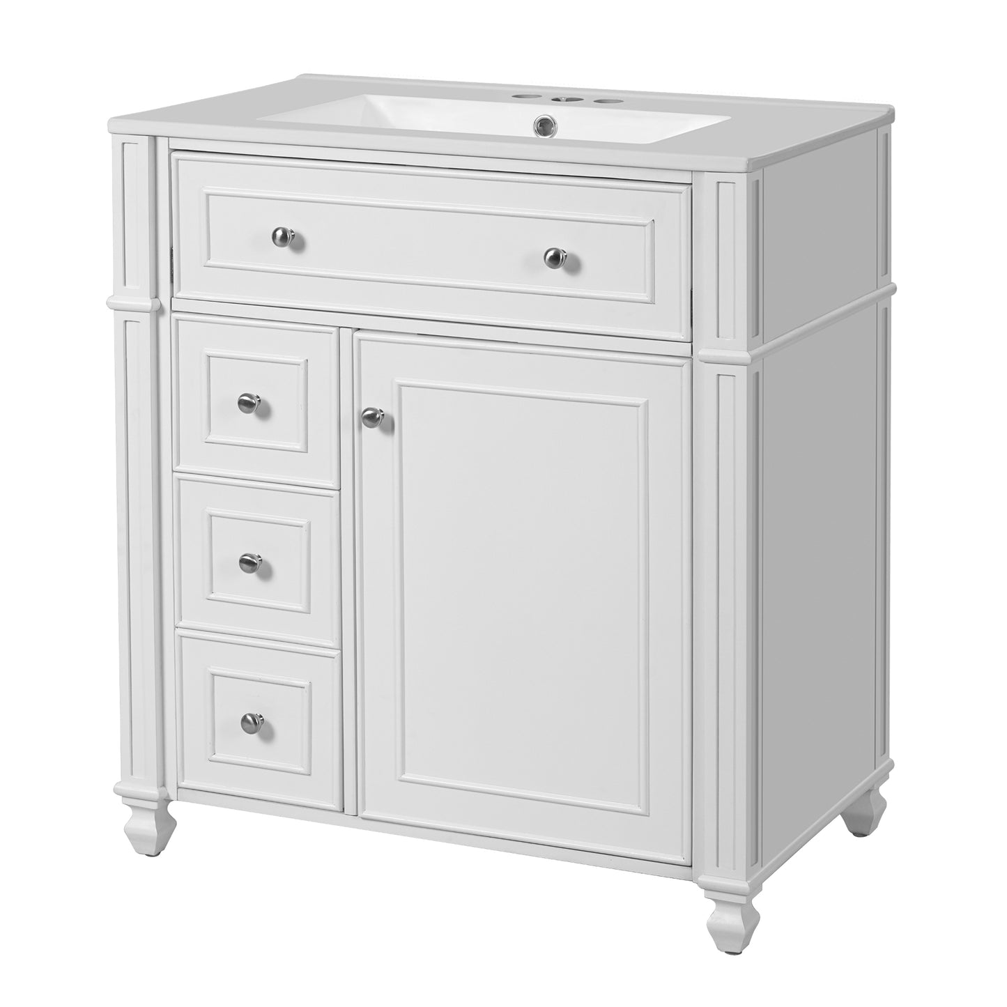 VanityFus 30-in White Single Sink Bathroom Vanity with Ceramic Top Undermount 1 Soft-Closing Door 3 Drawers Adjustable Shelves