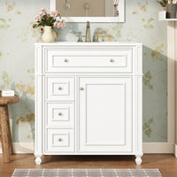 VanityFus 30-in White Single Sink Bathroom Vanity with Ceramic Top Undermount 1 Soft-Closing Door 3 Drawers Adjustable Shelves