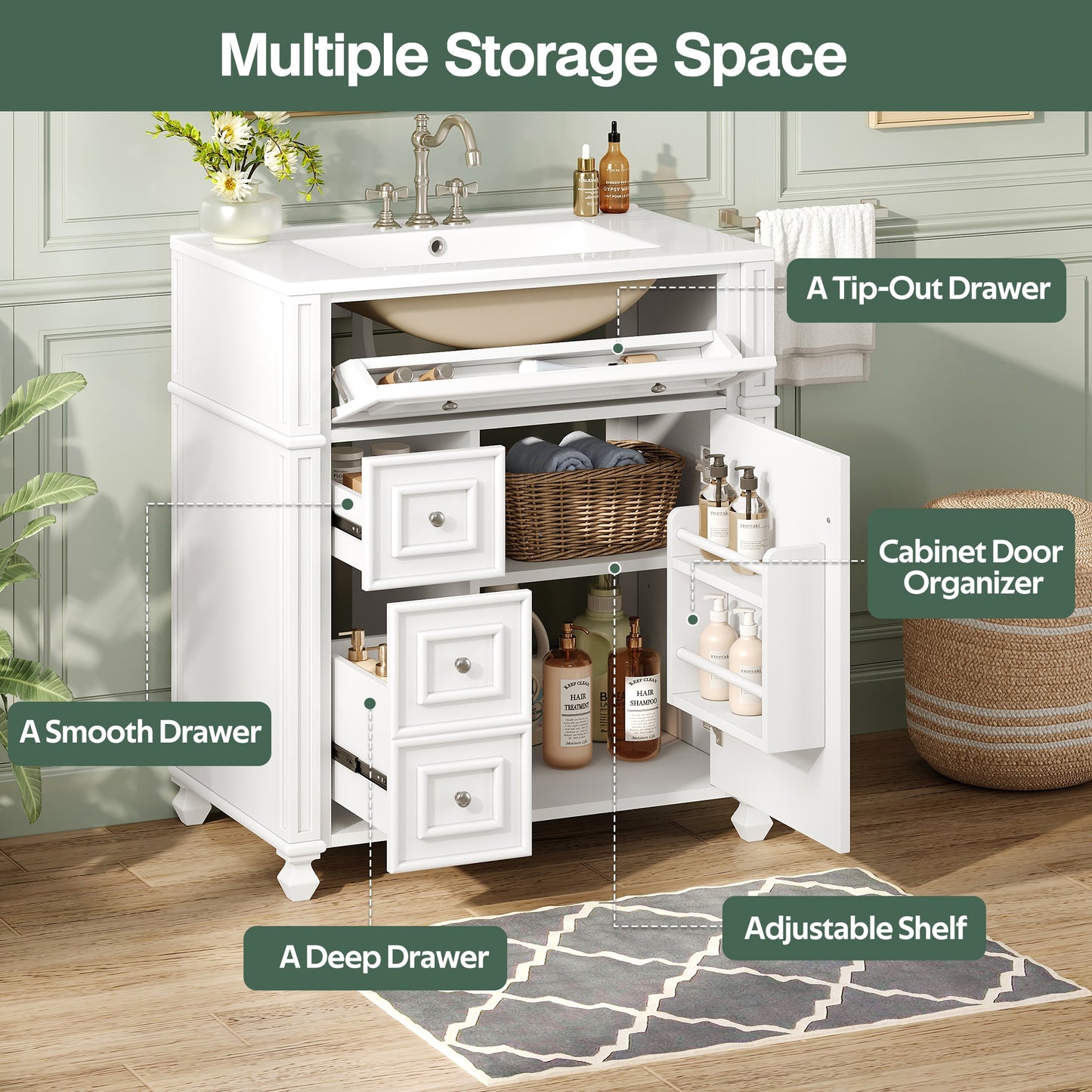 VanityFus 30-in White Single Sink Bathroom Vanity with Ceramic Top Undermount 1 Soft-Closing Door 3 Drawers Adjustable Shelves