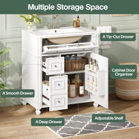 VanityFus 30-in White Single Sink Bathroom Vanity with Ceramic Top Undermount 1 Soft-Closing Door 3 Drawers Adjustable Shelves