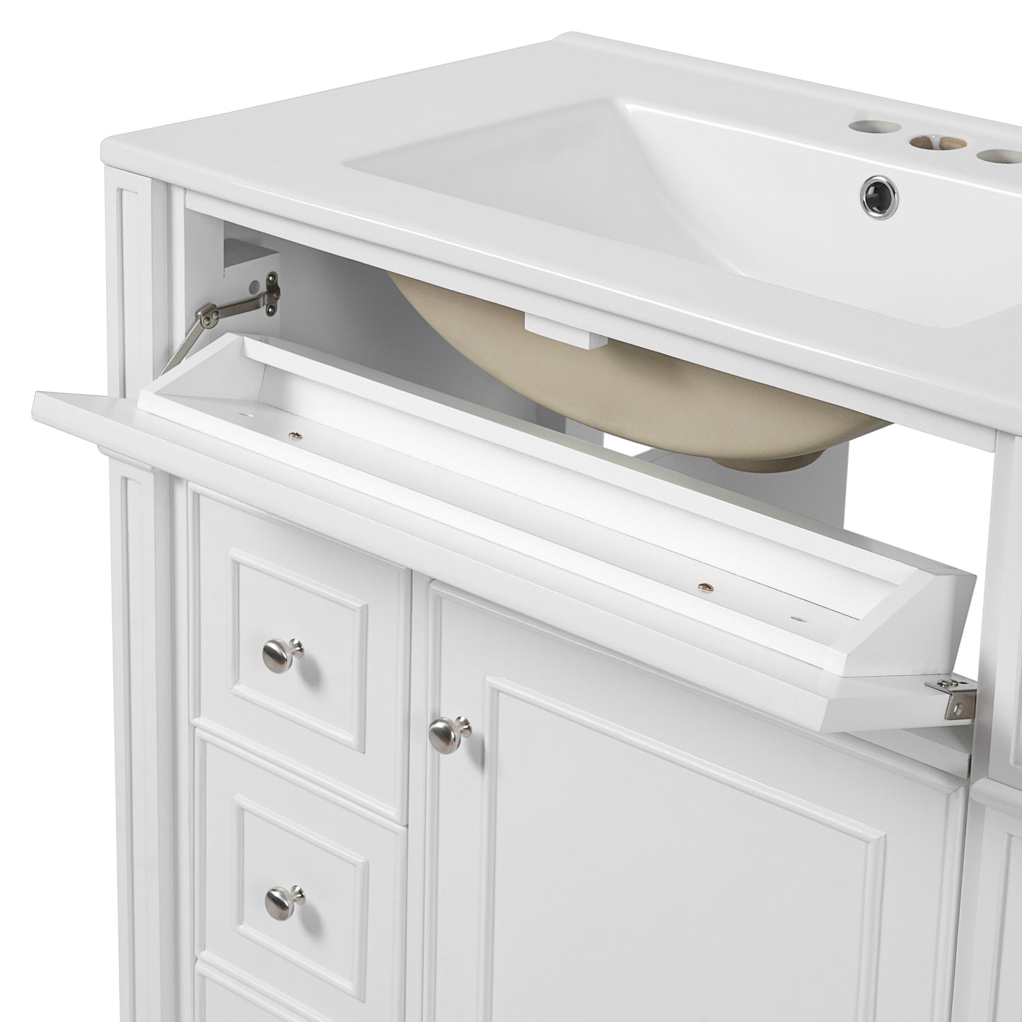 VanityFus 30-in White Single Sink Bathroom Vanity with Ceramic Top Undermount 1 Soft-Closing Door 3 Drawers Adjustable Shelves