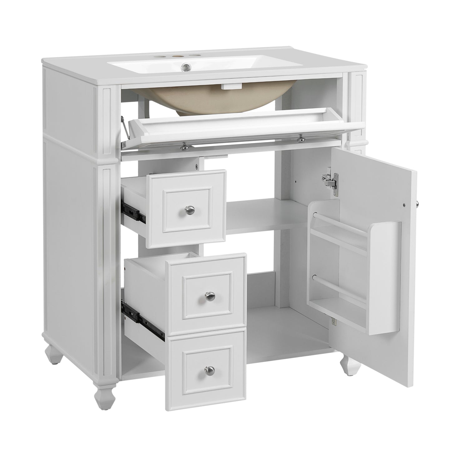 VanityFus 30-in White Single Sink Bathroom Vanity with Ceramic Top Undermount 1 Soft-Closing Door 3 Drawers Adjustable Shelves