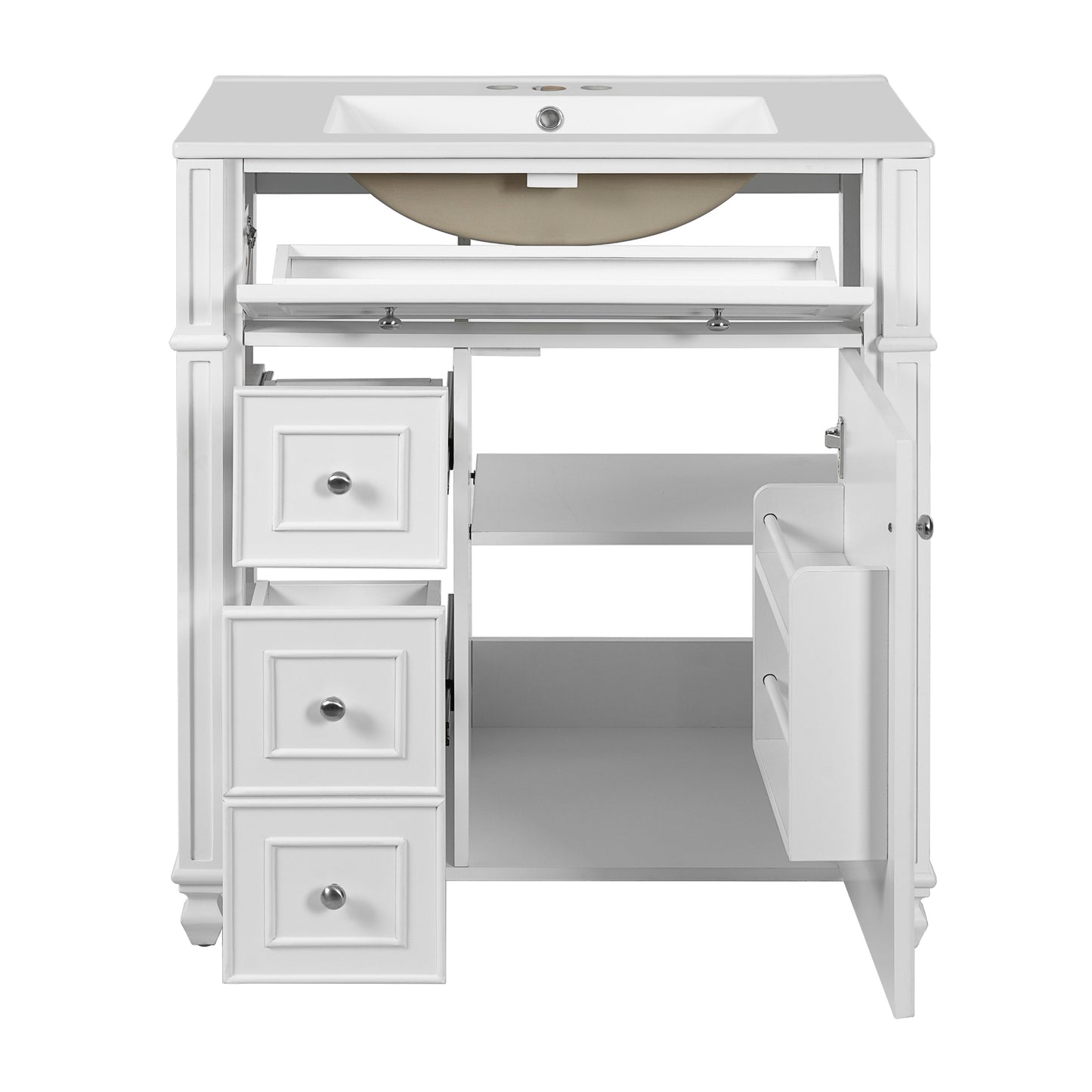 VanityFus 30-in White Single Sink Bathroom Vanity with Ceramic Top Undermount 1 Soft-Closing Door 3 Drawers Adjustable Shelves