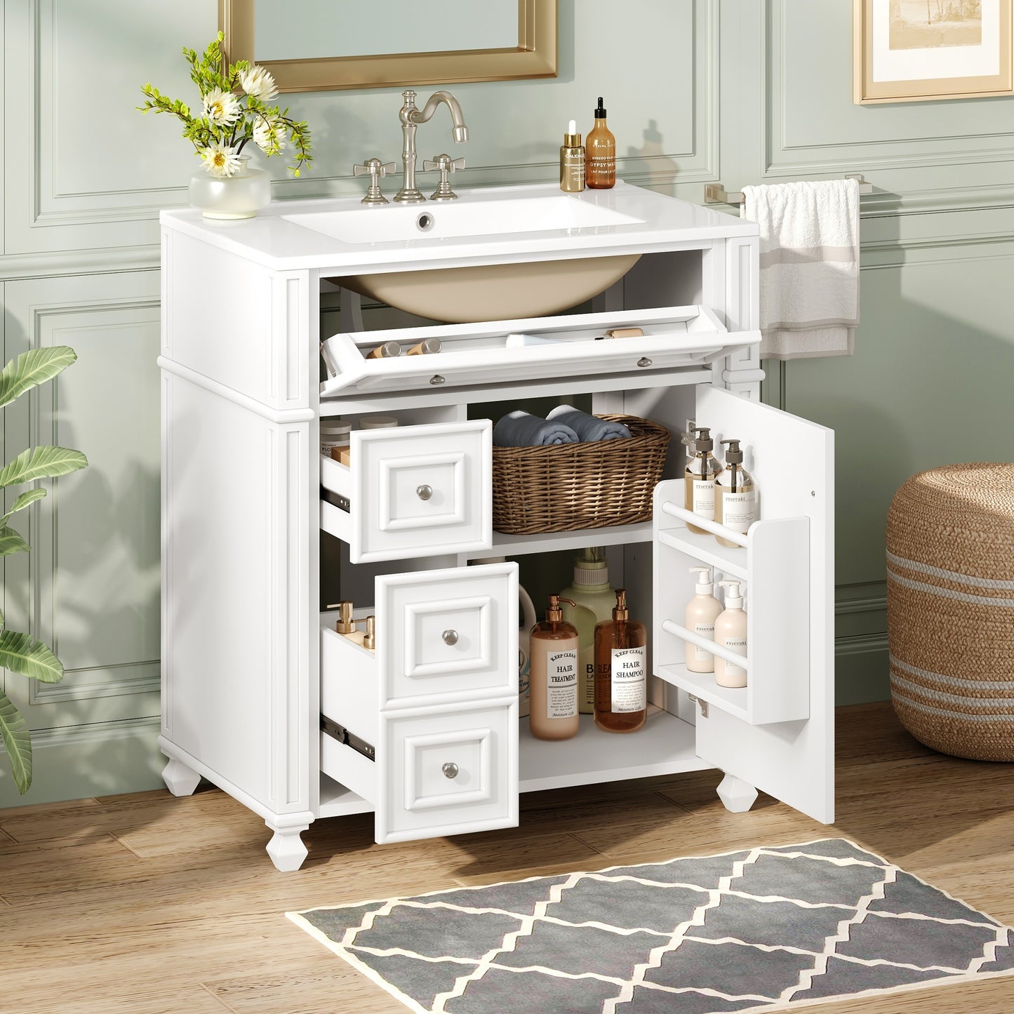 VanityFus 30-in White Single Sink Bathroom Vanity with Ceramic Top Undermount 1 Soft-Closing Door 3 Drawers Adjustable Shelves