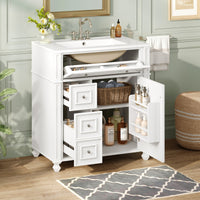 VanityFus 30-in White Single Sink Bathroom Vanity with Ceramic Top Undermount 1 Soft-Closing Door 3 Drawers Adjustable Shelves