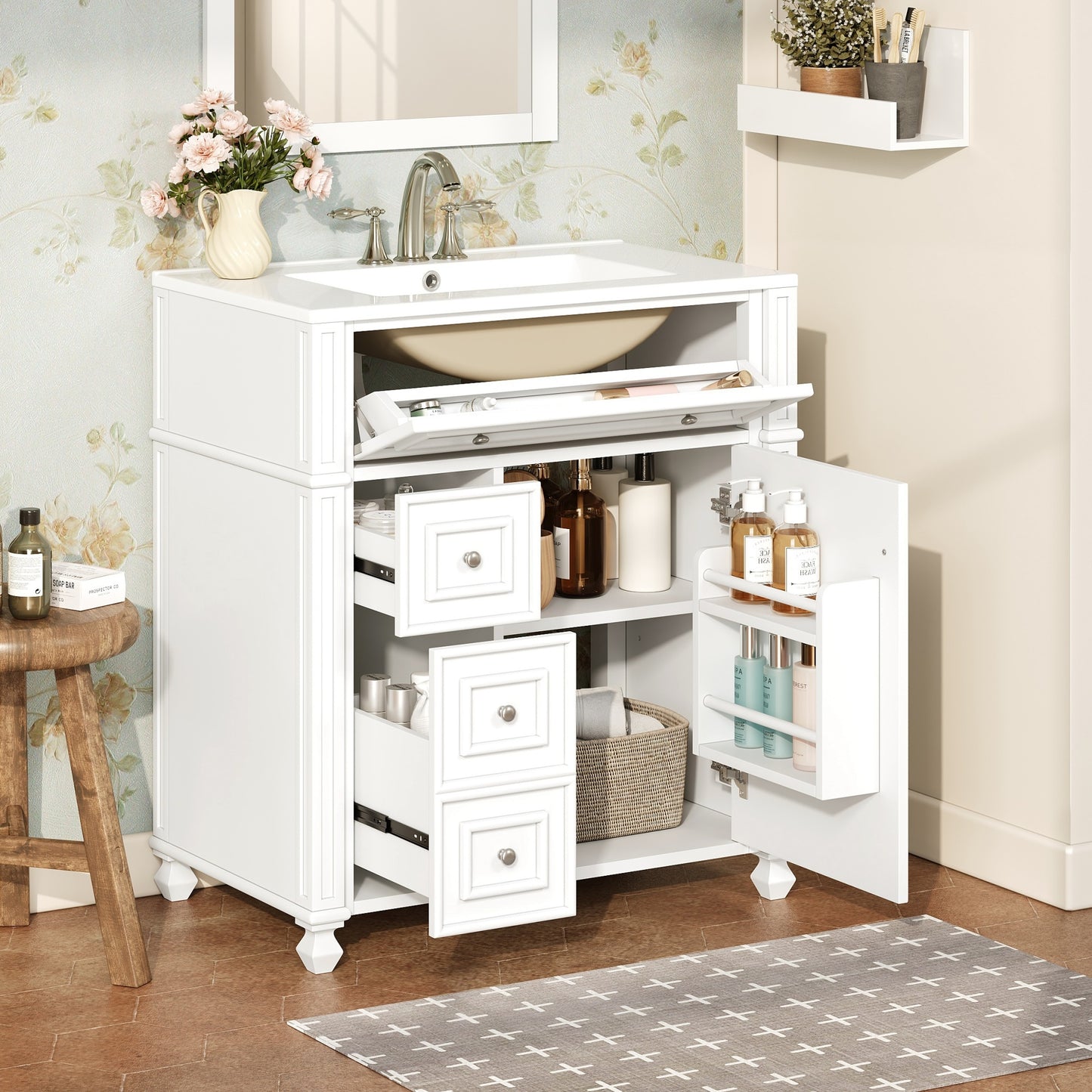 VanityFus 30-in White Single Sink Bathroom Vanity with Ceramic Top Undermount 1 Soft-Closing Door 3 Drawers Adjustable Shelves