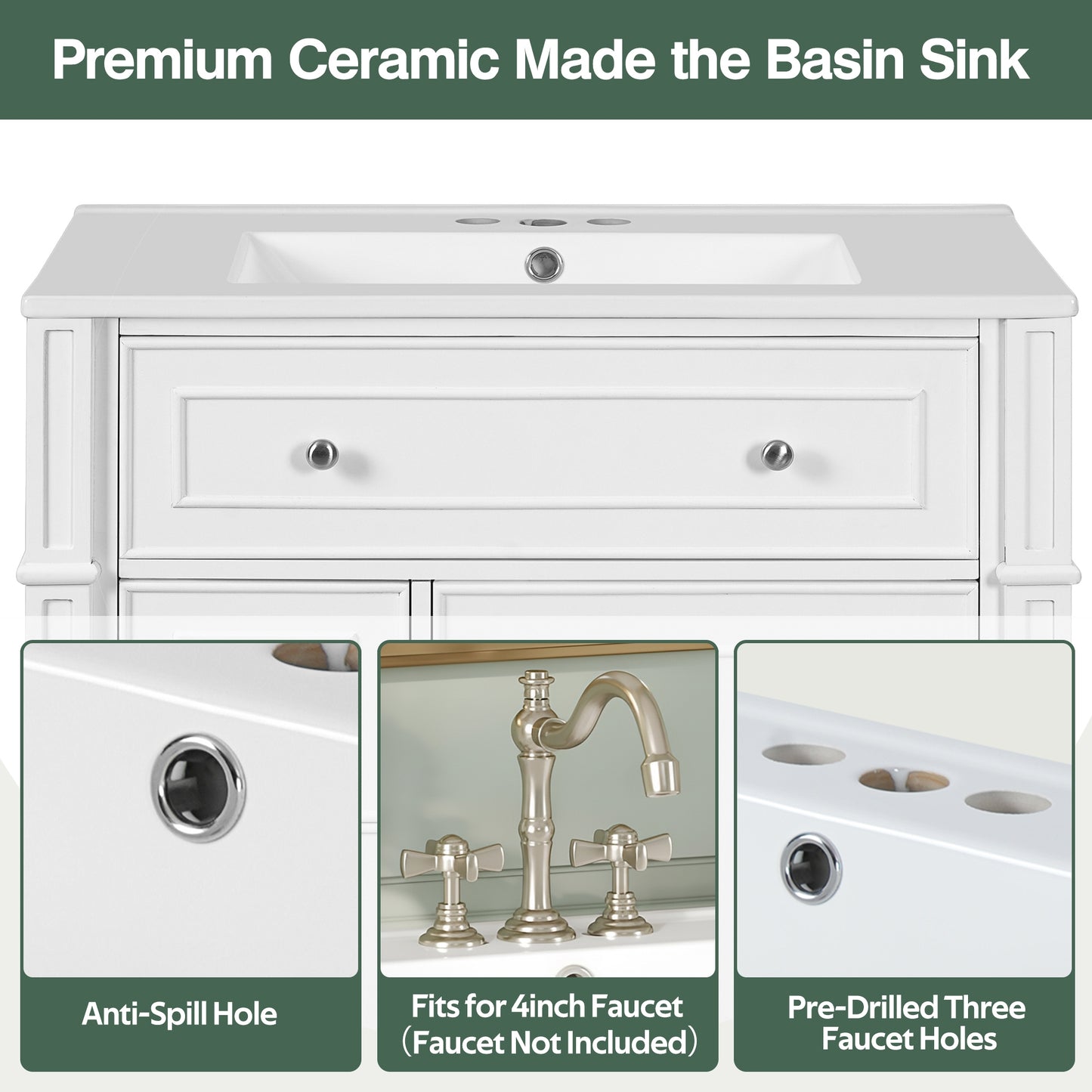 VanityFus 30-in White Single Sink Bathroom Vanity with Ceramic Top Undermount 1 Soft-Closing Door 3 Drawers Adjustable Shelves
