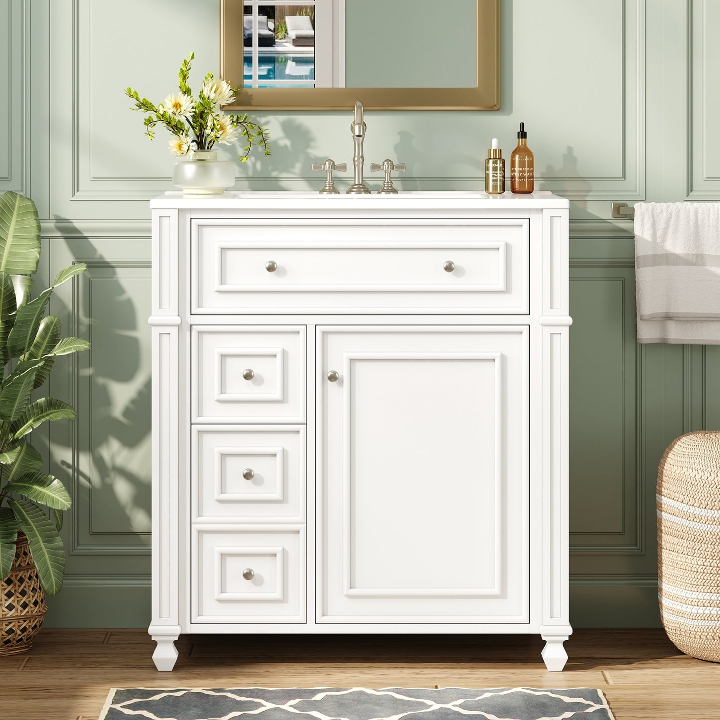 VanityFus 30-in White Single Sink Bathroom Vanity with Ceramic Top Undermount 1 Soft-Closing Door 3 Drawers Adjustable Shelves