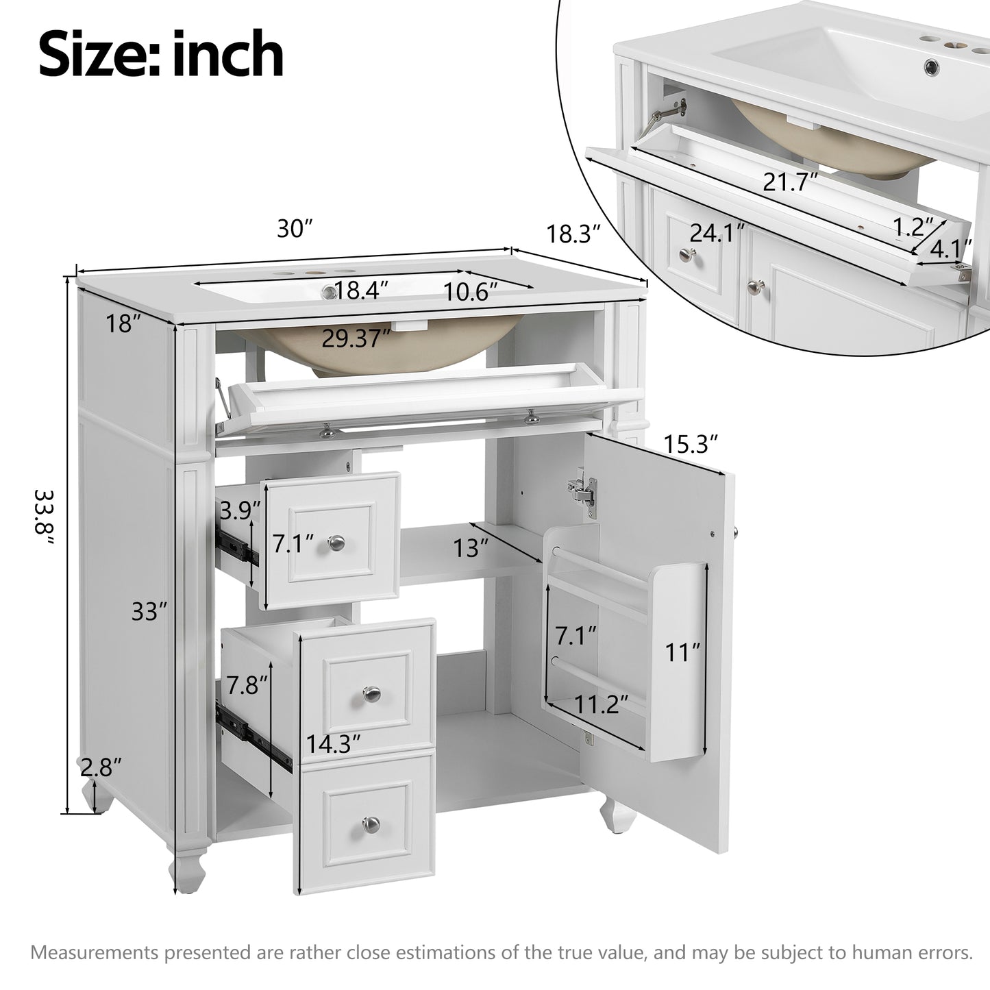 VanityFus 30-in White Single Sink Bathroom Vanity with Ceramic Top Undermount 1 Soft-Closing Door 3 Drawers Adjustable Shelves