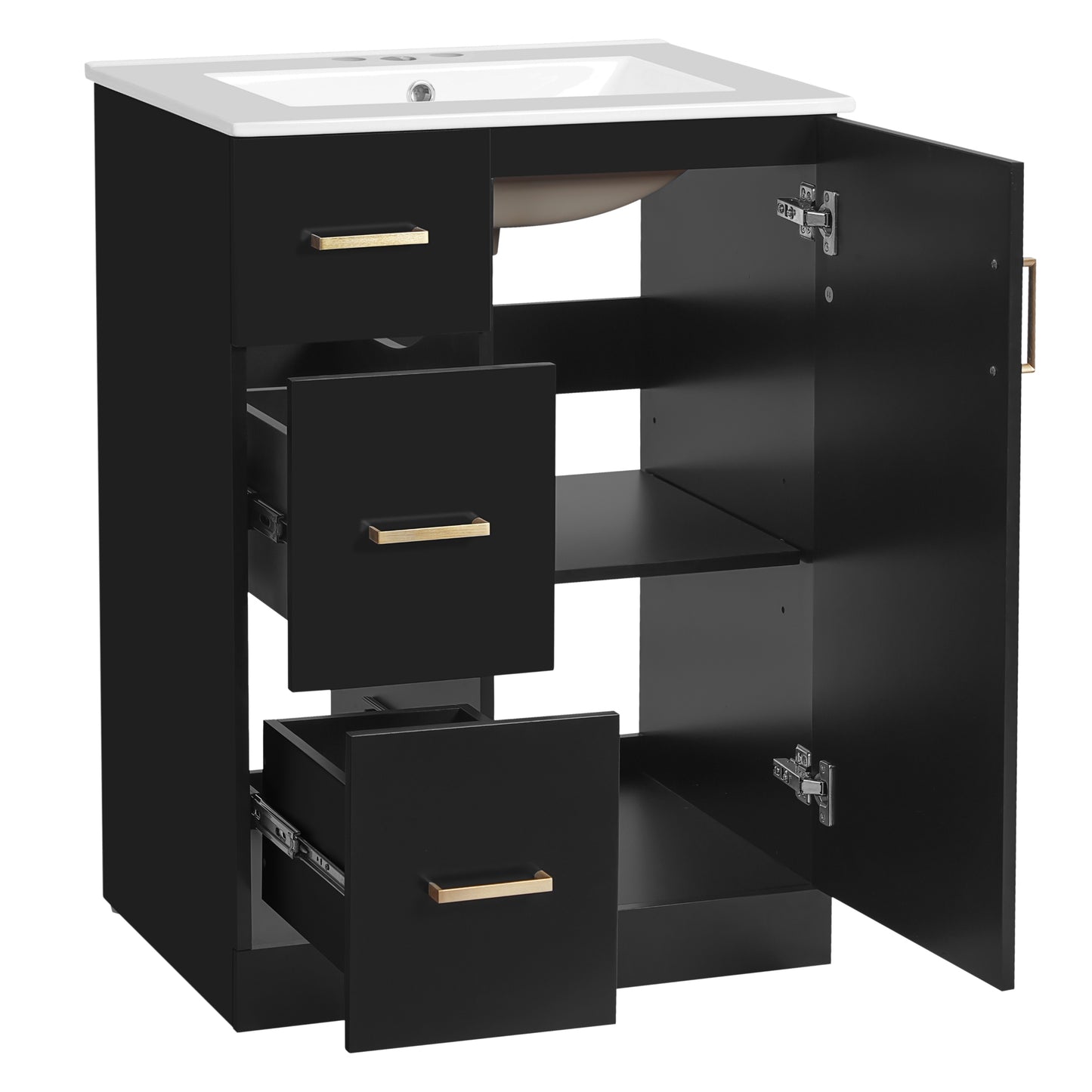 VanityFus 24-in Black Single Sink Bathroom Vanity with Ceramic Top Undermount 1 Soft-Closing Door 2 Drawers Adjustable Shelves
