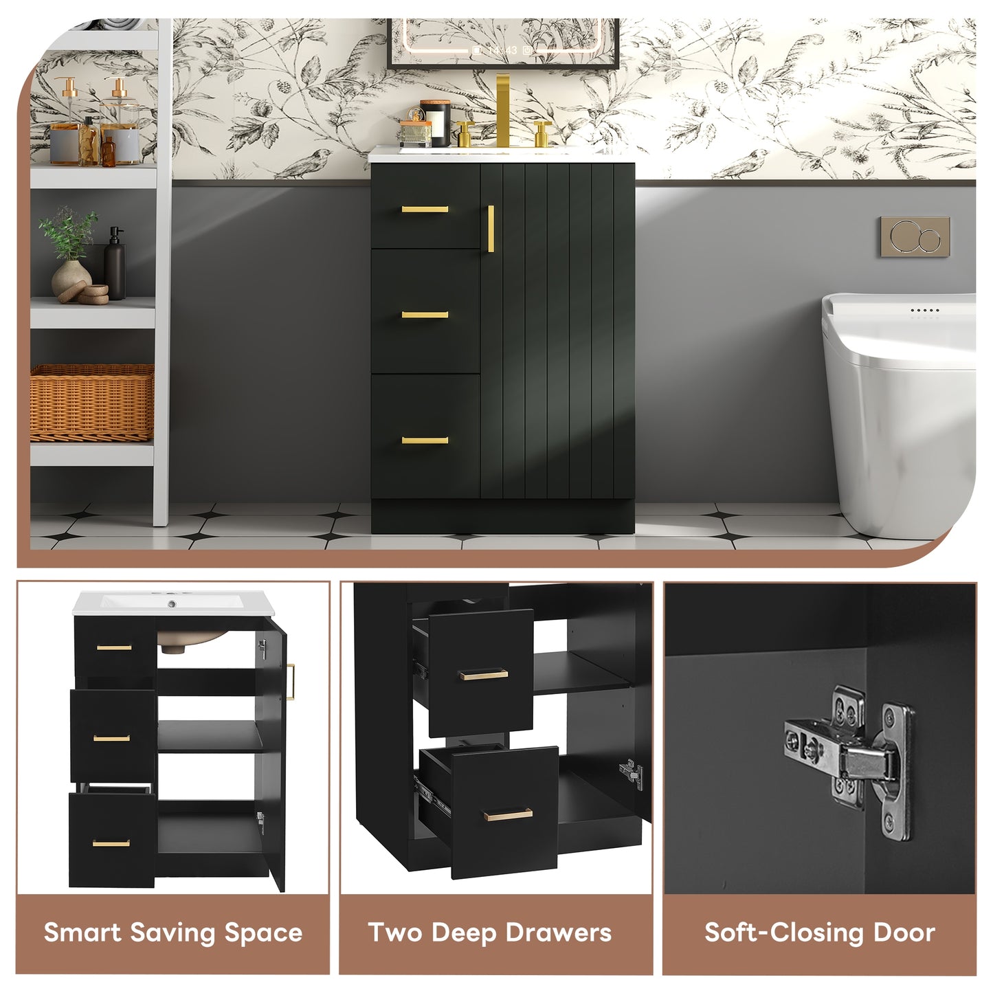 VanityFus 24-in Black Single Sink Bathroom Vanity with Ceramic Top Undermount 1 Soft-Closing Door 2 Drawers Adjustable Shelves