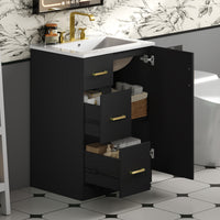 VanityFus 24-in Black Single Sink Bathroom Vanity with Ceramic Top Undermount 1 Soft-Closing Door 2 Drawers Adjustable Shelves