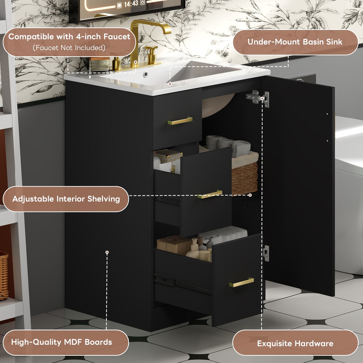 VanityFus 24-in Black Single Sink Bathroom Vanity with Ceramic Top Undermount 1 Soft-Closing Door 2 Drawers Adjustable Shelves