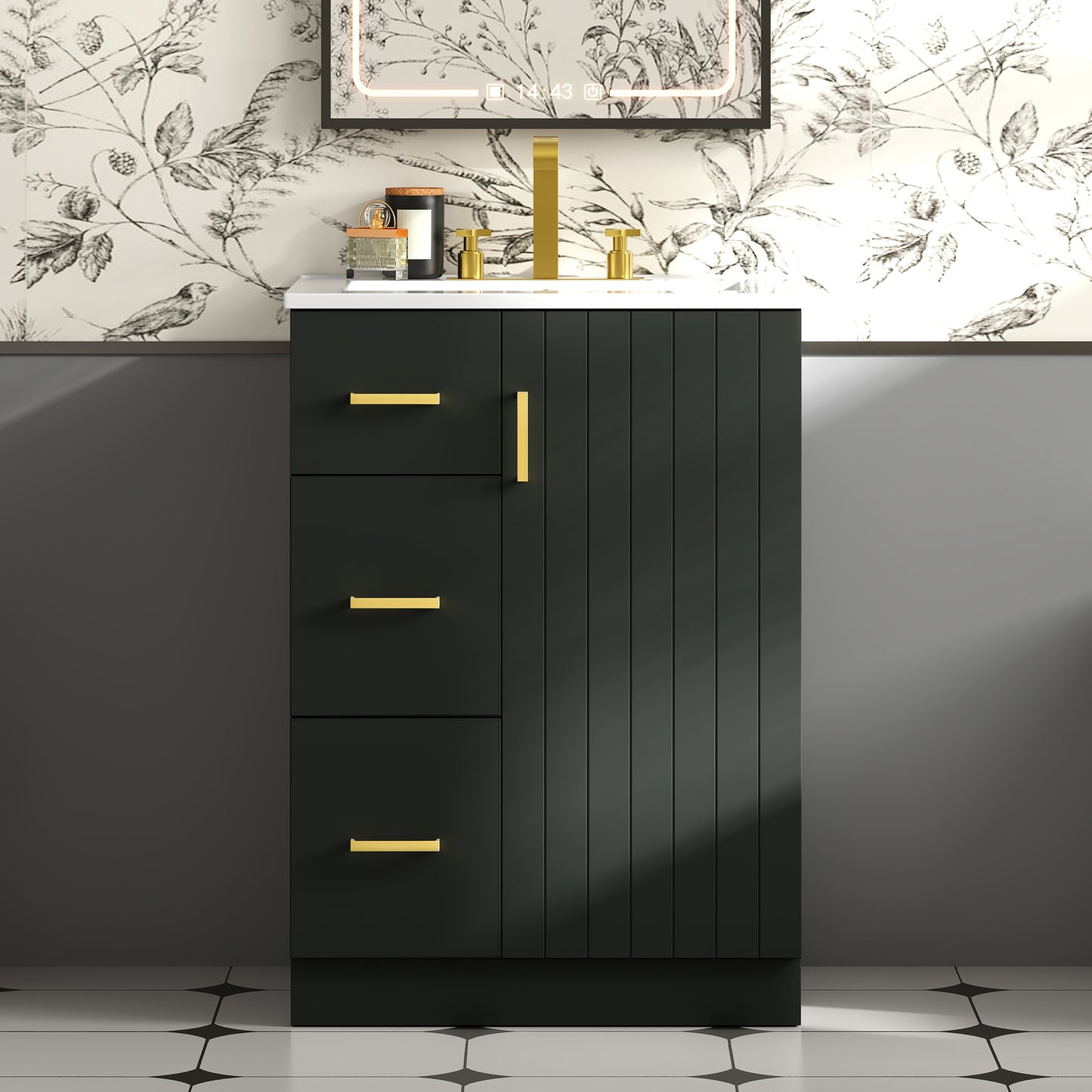 VanityFus 24-in Black Single Sink Bathroom Vanity with Ceramic Top Undermount 1 Soft-Closing Door 2 Drawers Adjustable Shelves