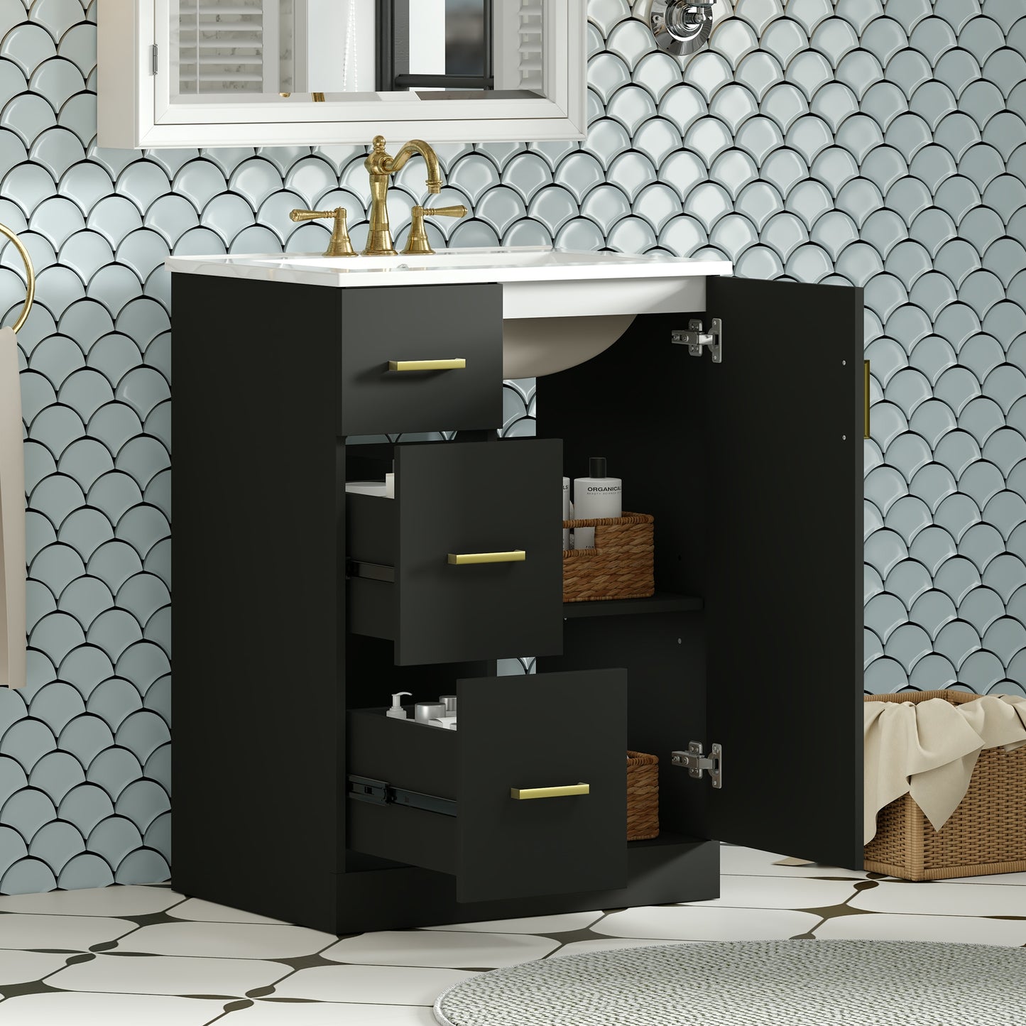 VanityFus 24-in Black Single Sink Bathroom Vanity with Ceramic Top Undermount 1 Soft-Closing Door 2 Drawers Adjustable Shelves