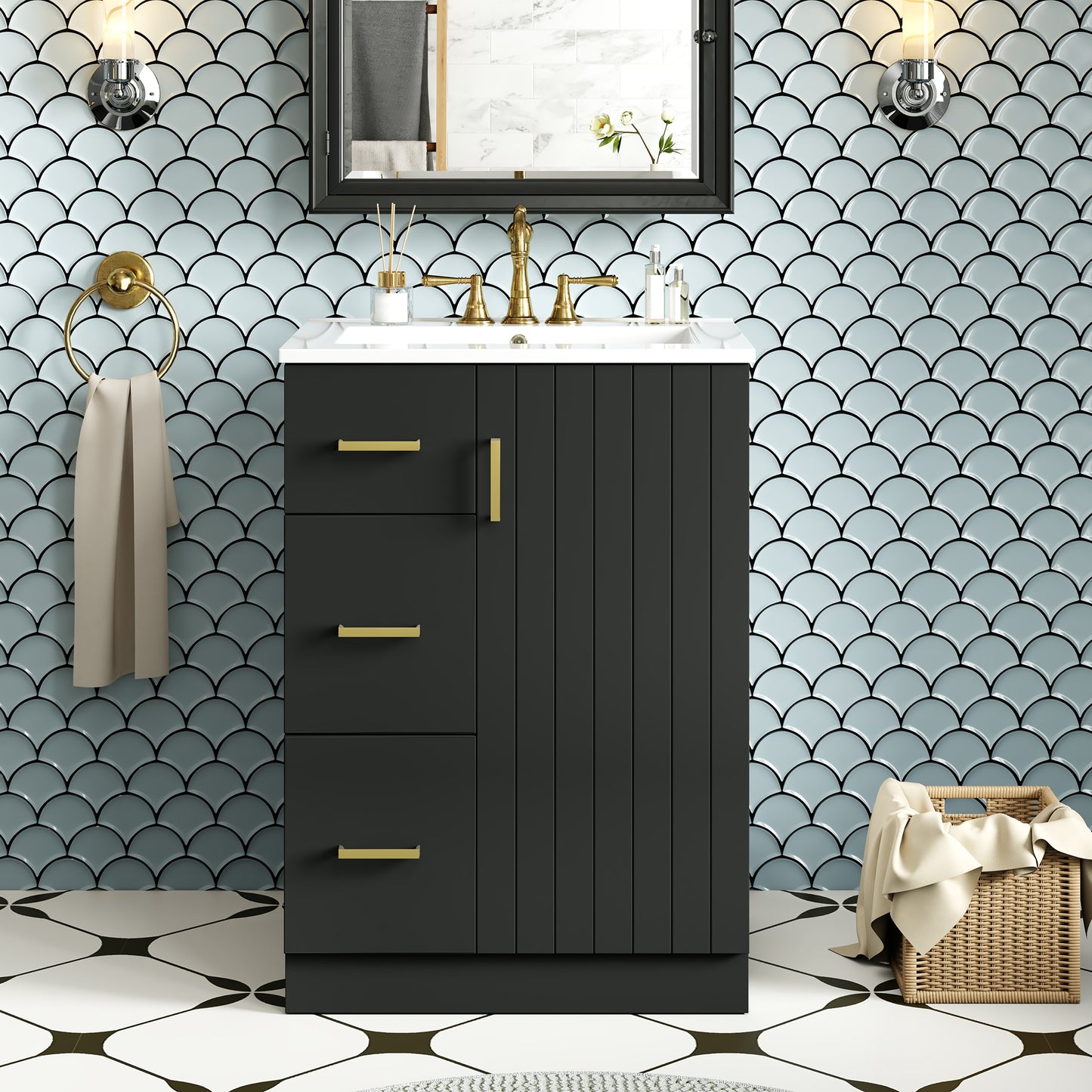 VanityFus 24-in Black Single Sink Bathroom Vanity with Ceramic Top Undermount 1 Soft-Closing Door 2 Drawers Adjustable Shelves