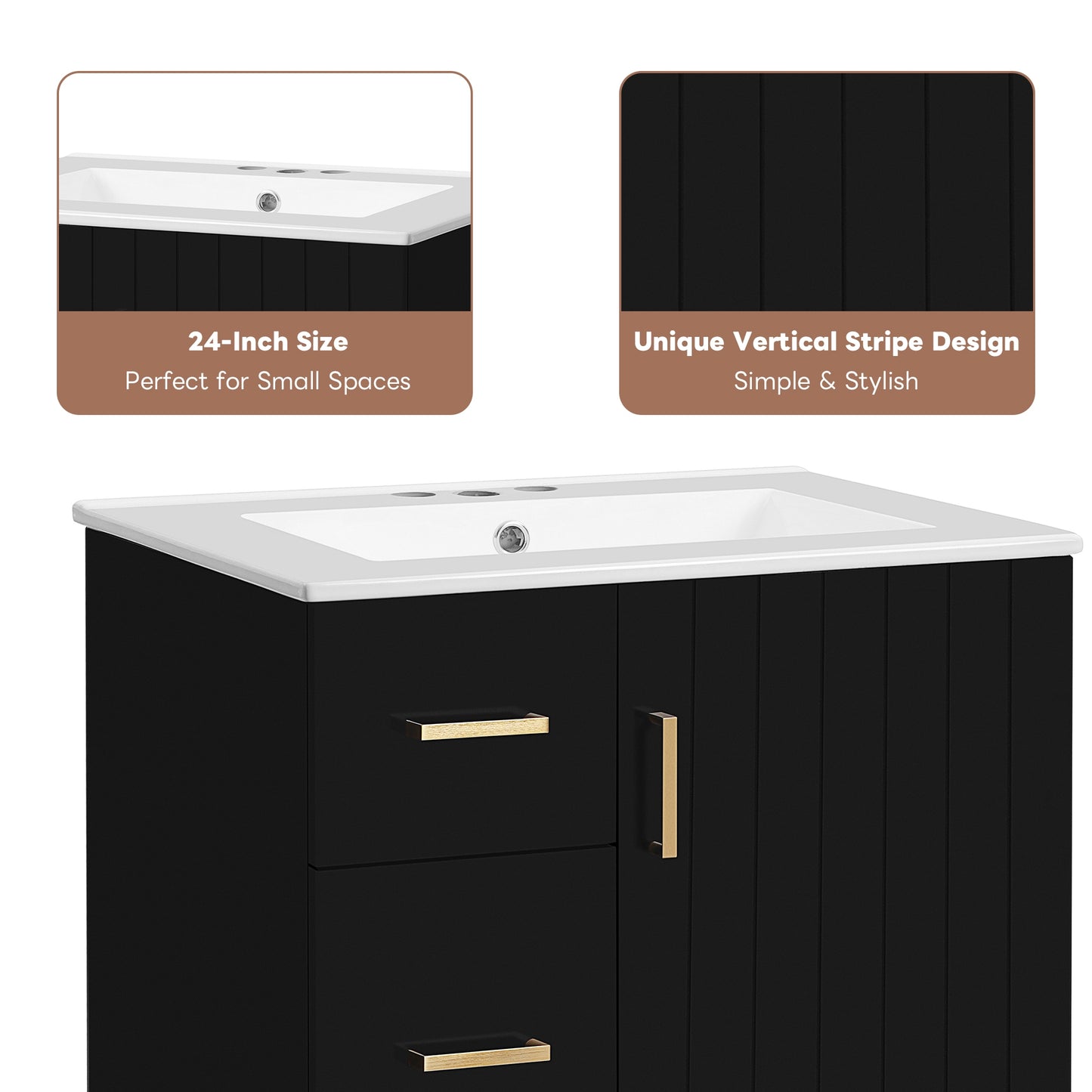 VanityFus 24-in Black Single Sink Bathroom Vanity with Ceramic Top Undermount 1 Soft-Closing Door 2 Drawers Adjustable Shelves
