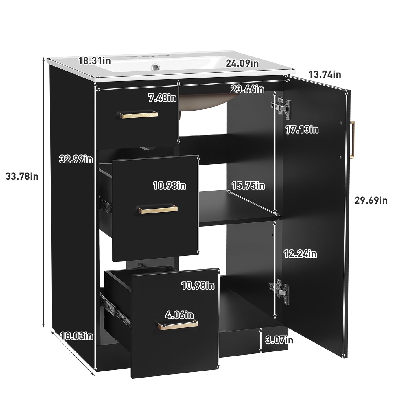 VanityFus 24-in Black Single Sink Bathroom Vanity with Ceramic Top Undermount 1 Soft-Closing Door 2 Drawers Adjustable Shelves