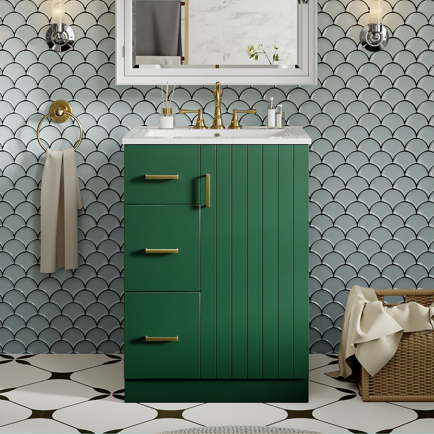 VanityFus 24-in Green Bathroom Vanity Undermount Single Sink Combo with Ceramic Top 1 Soft Close Door 2 Drawers Adjustable Shelves