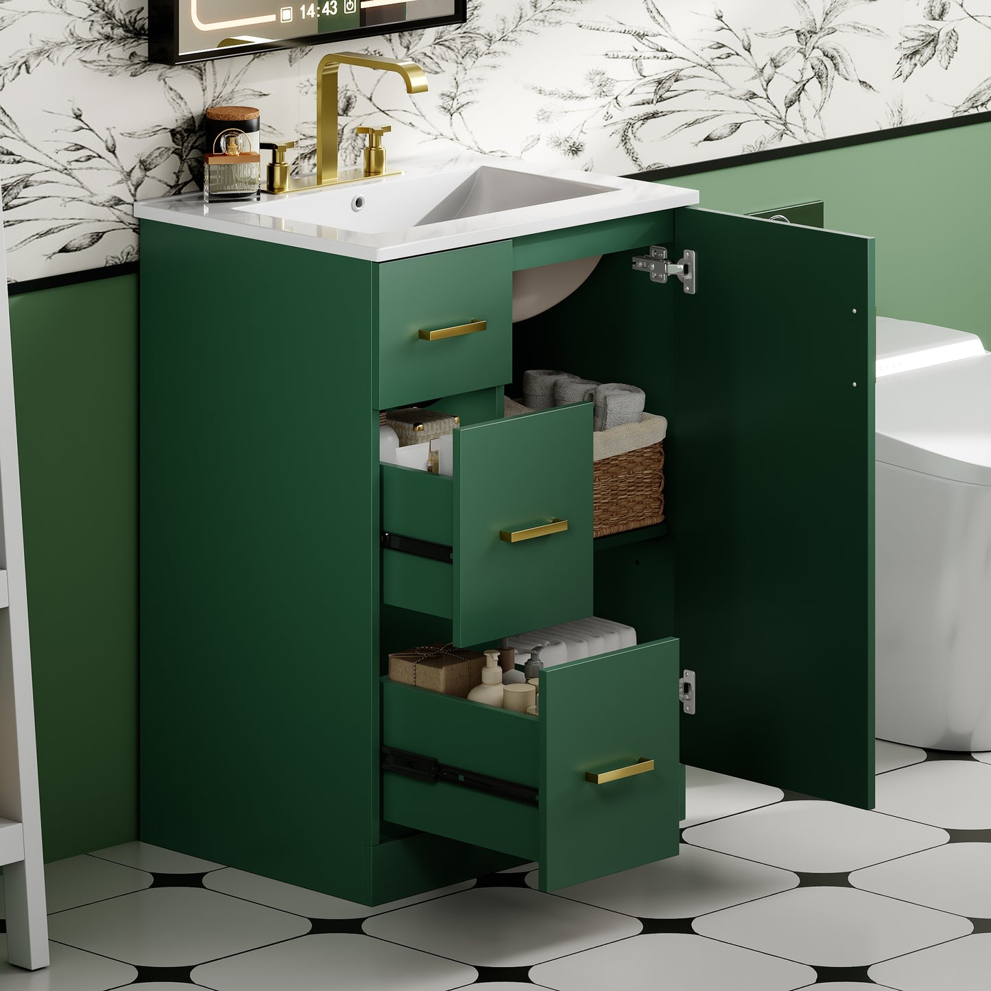 VanityFus 24-in Green Bathroom Vanity Undermount Single Sink Combo with Ceramic Top 1 Soft Close Door 2 Drawers Adjustable Shelves
