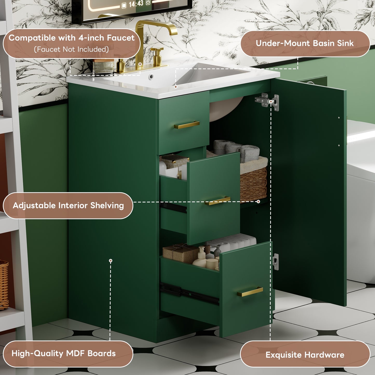 VanityFus 24-in Green Bathroom Vanity Undermount Single Sink Combo with Ceramic Top 1 Soft Close Door 2 Drawers Adjustable Shelves