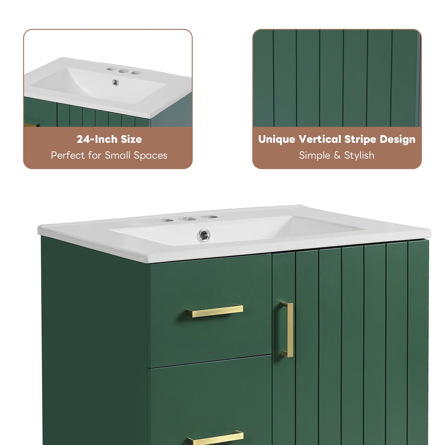 VanityFus 24-in Green Bathroom Vanity Undermount Single Sink Combo with Ceramic Top 1 Soft Close Door 2 Drawers Adjustable Shelves