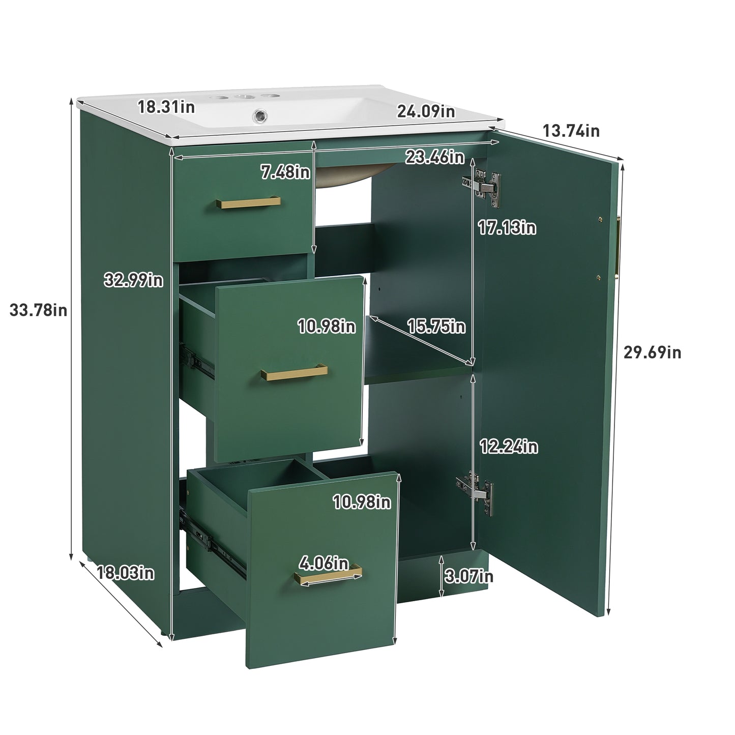 VanityFus 24-in Green Bathroom Vanity Undermount Single Sink Combo with Ceramic Top 1 Soft Close Door 2 Drawers Adjustable Shelves