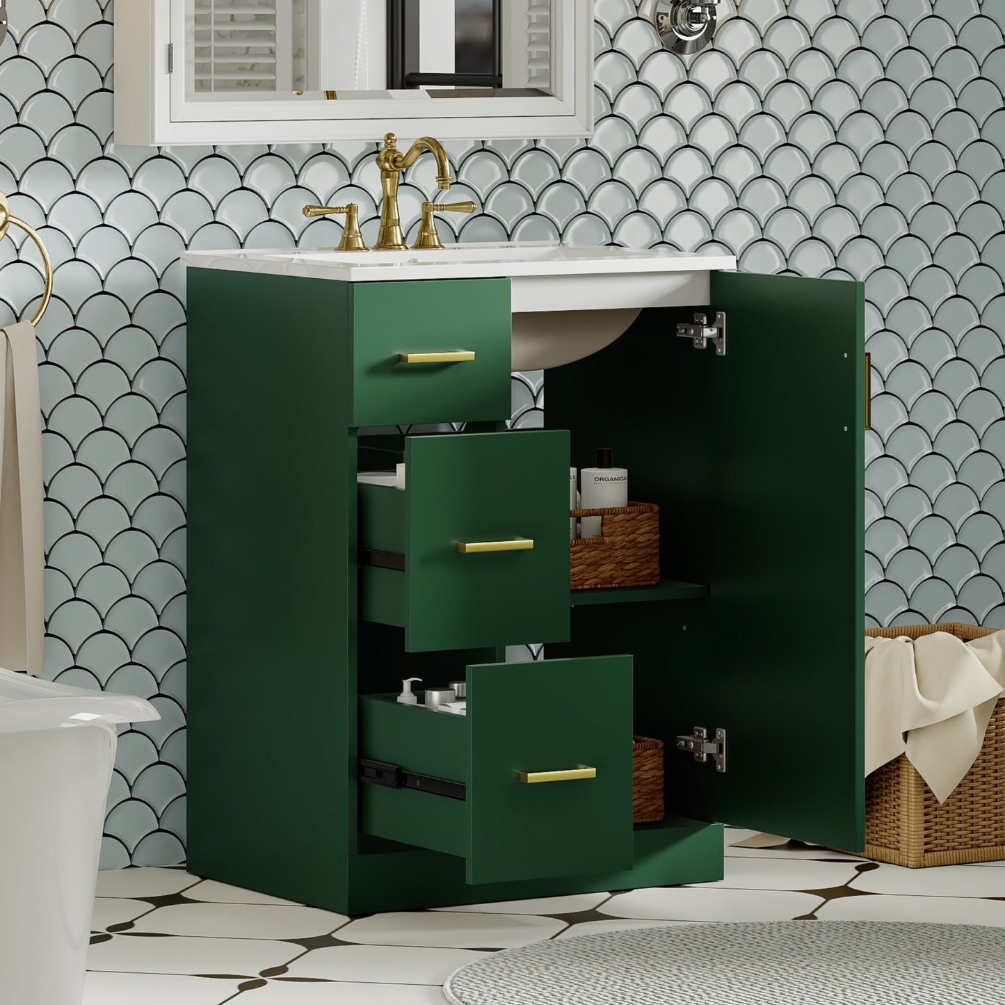 VanityFus 24-in Green Bathroom Vanity Undermount Single Sink Combo with Ceramic Top 1 Soft Close Door 2 Drawers Adjustable Shelves