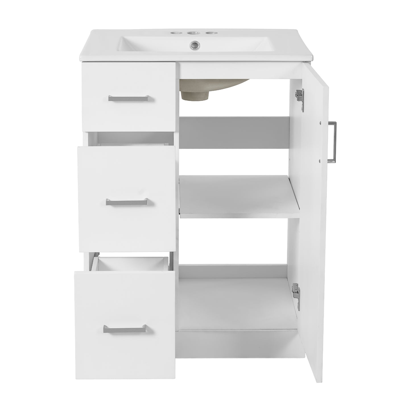 VanityFus 24-in White Bathroom Vanity Undermount Single Sink Combo with Ceramic Top 1 Soft Close Door 2 Drawers Adjustable Shelves