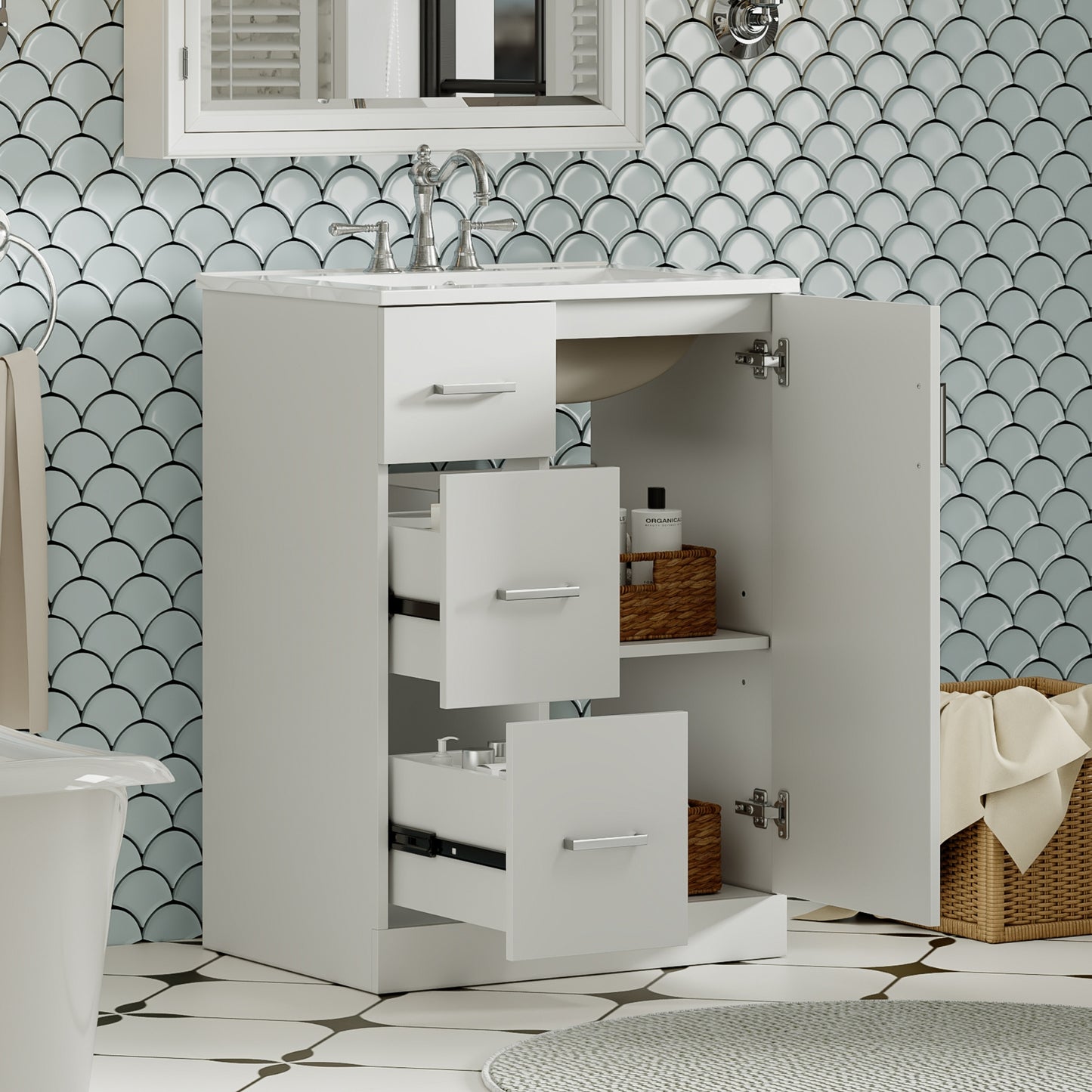VanityFus 24-in White Bathroom Vanity Undermount Single Sink Combo with Ceramic Top 1 Soft Close Door 2 Drawers Adjustable Shelves