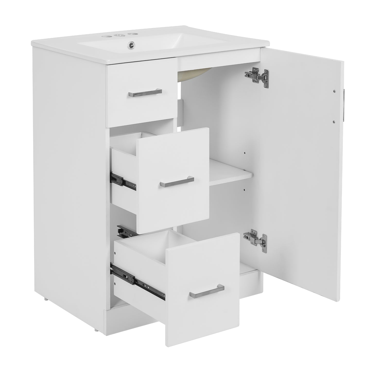 VanityFus 24-in White Bathroom Vanity Undermount Single Sink Combo with Ceramic Top 1 Soft Close Door 2 Drawers Adjustable Shelves