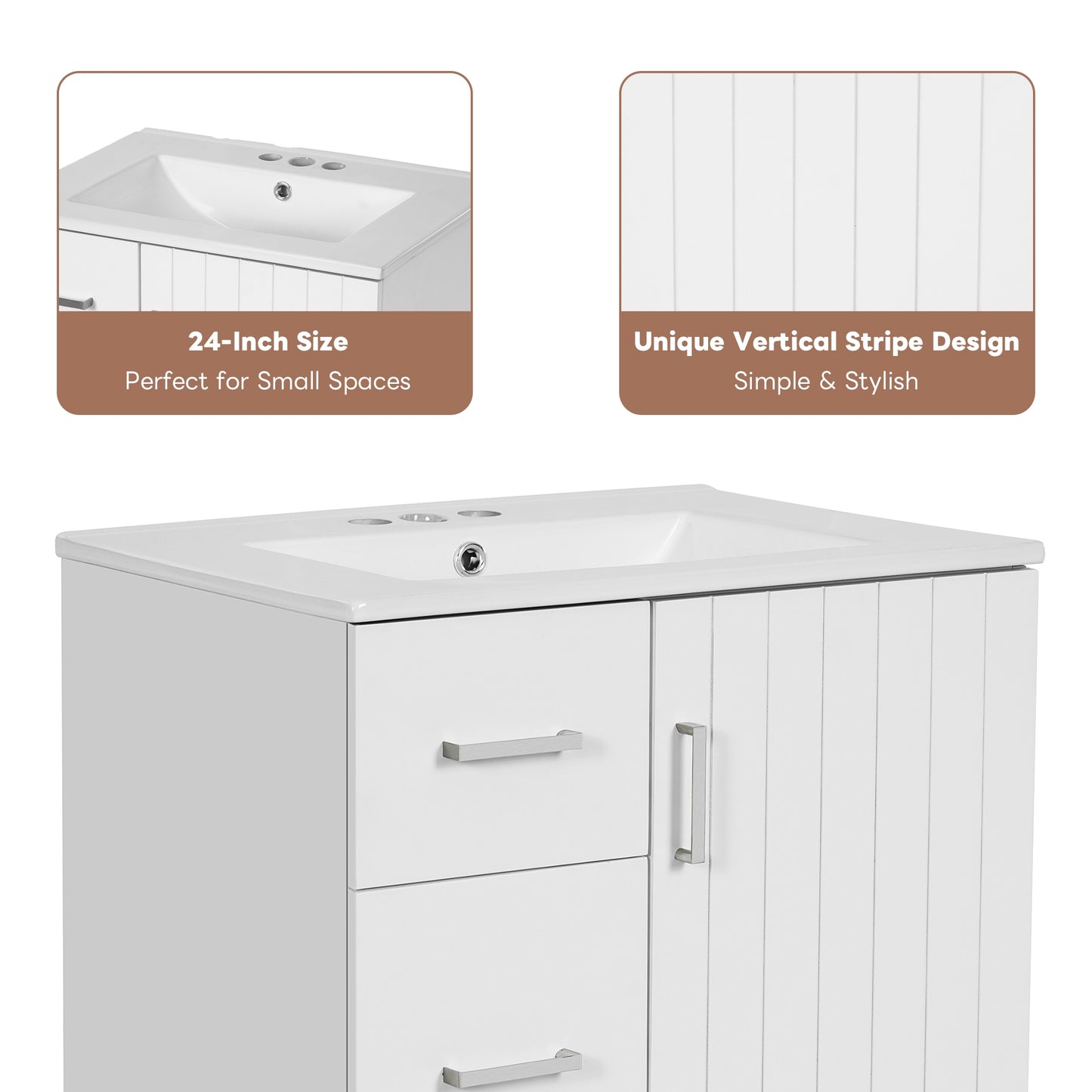 VanityFus 24-in White Bathroom Vanity Undermount Single Sink Combo with Ceramic Top 1 Soft Close Door 2 Drawers Adjustable Shelves