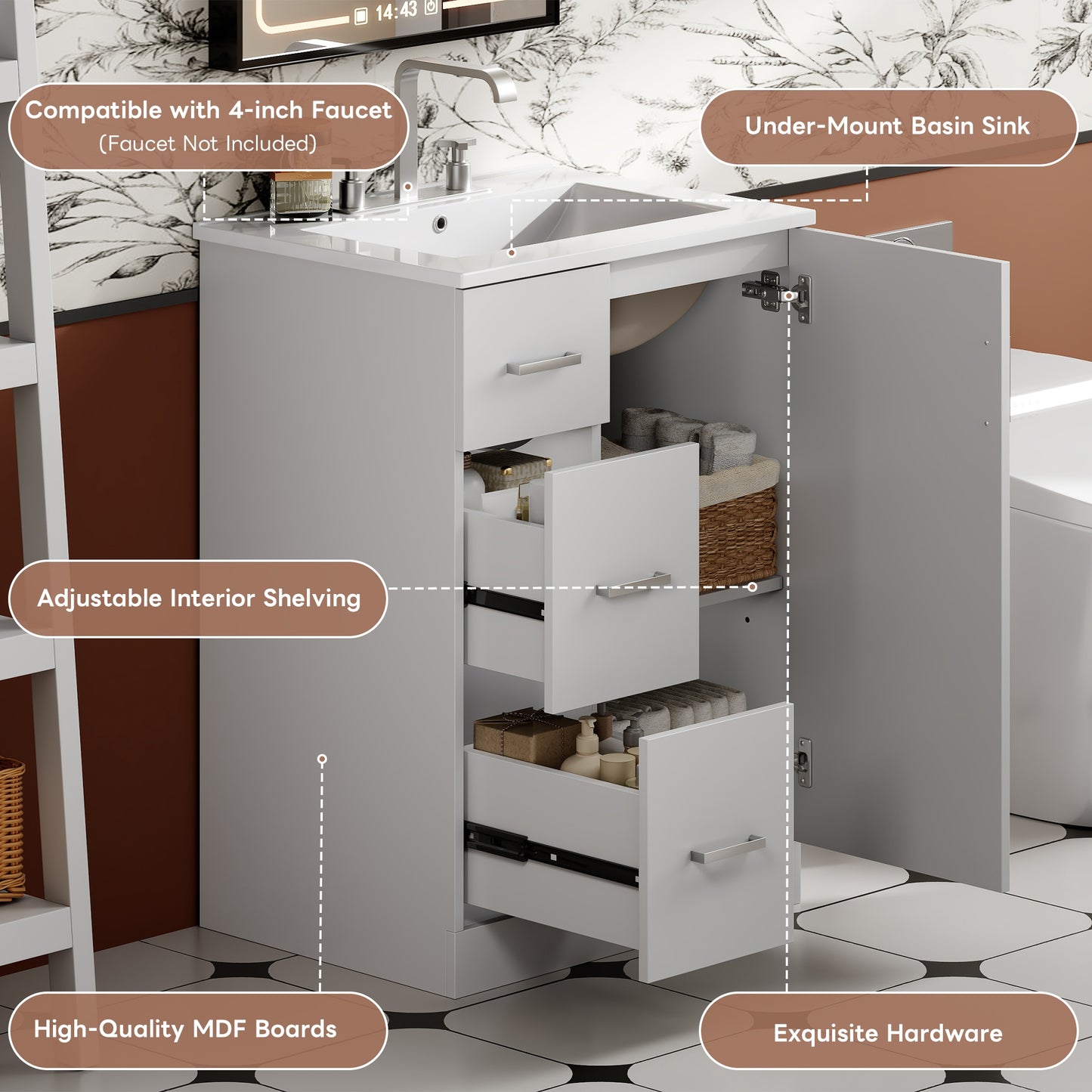 VanityFus 24-in White Bathroom Vanity Undermount Single Sink Combo with Ceramic Top 1 Soft Close Door 2 Drawers Adjustable Shelves