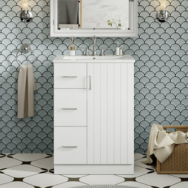 VanityFus 24-in White Bathroom Vanity Undermount Single Sink Combo with Ceramic Top 1 Soft Close Door 2 Drawers Adjustable Shelves