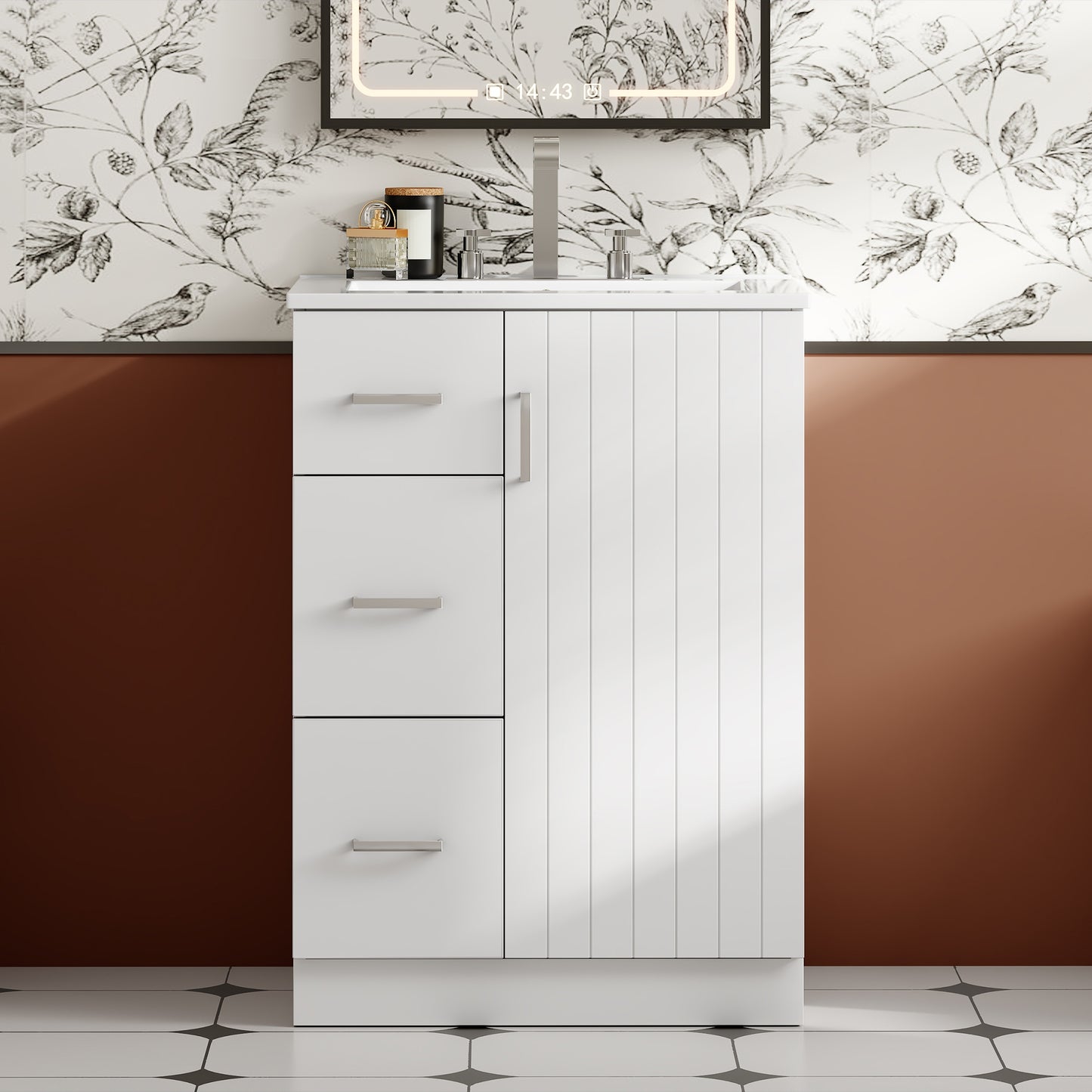 VanityFus 24-in White Bathroom Vanity Undermount Single Sink Combo with Ceramic Top 1 Soft Close Door 2 Drawers Adjustable Shelves