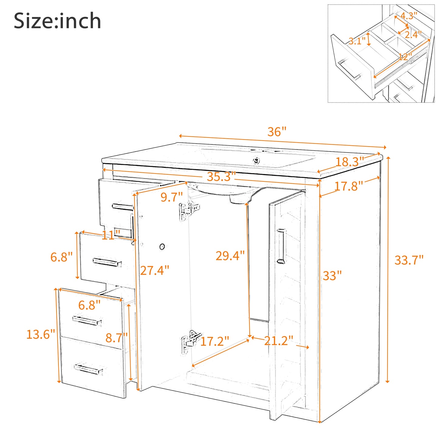 VanityFus 36-in Black Bathroom Vanity Undermount Single Sink Combo with Ceramic Top 2 Soft Close Doors 3 Drawers