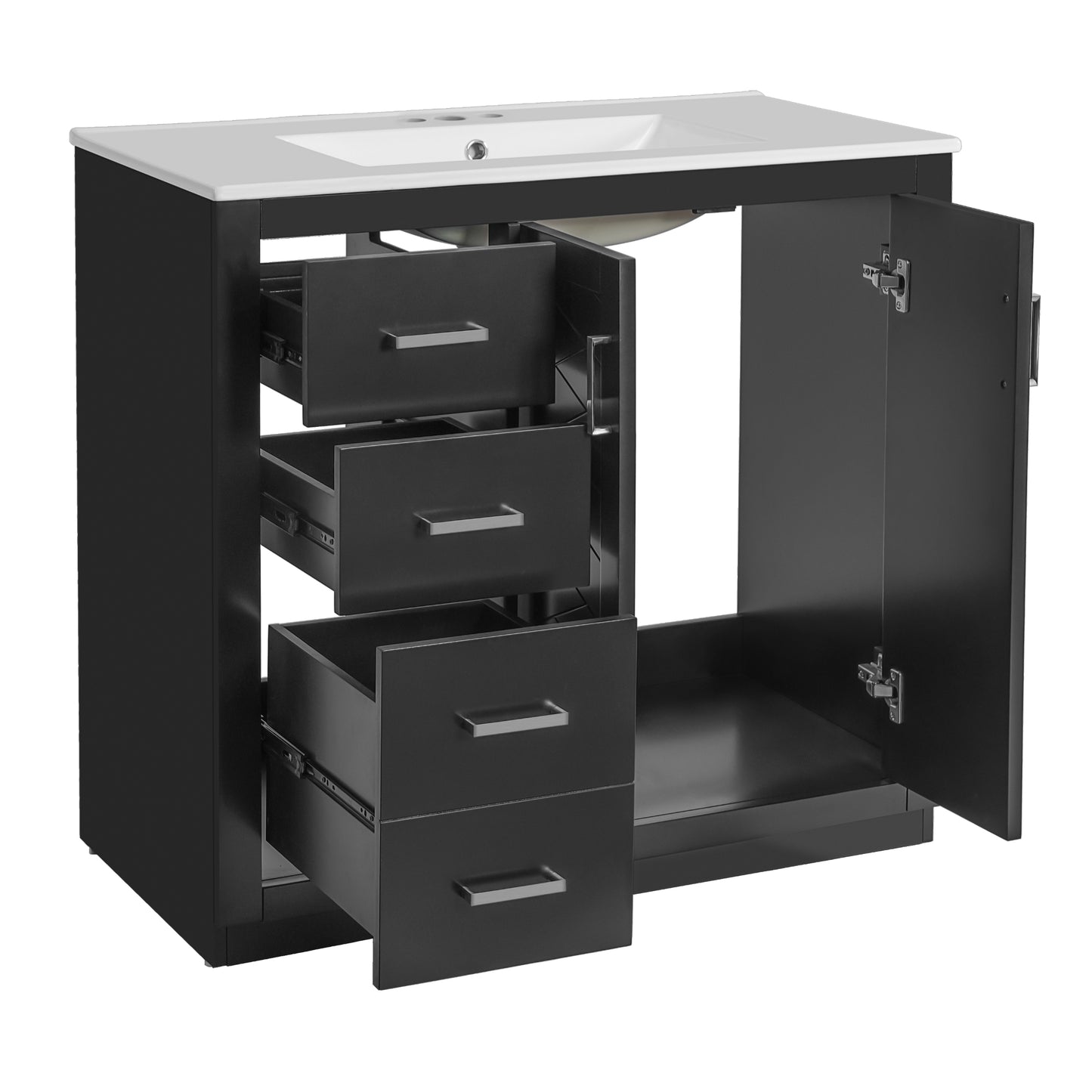 VanityFus 36-in Black Bathroom Vanity Undermount Single Sink Combo with Ceramic Top 2 Soft Close Doors 3 Drawers