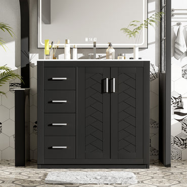 VanityFus 36-in Black Bathroom Vanity Undermount Single Sink Combo with Ceramic Top 2 Soft Close Doors 3 Drawers