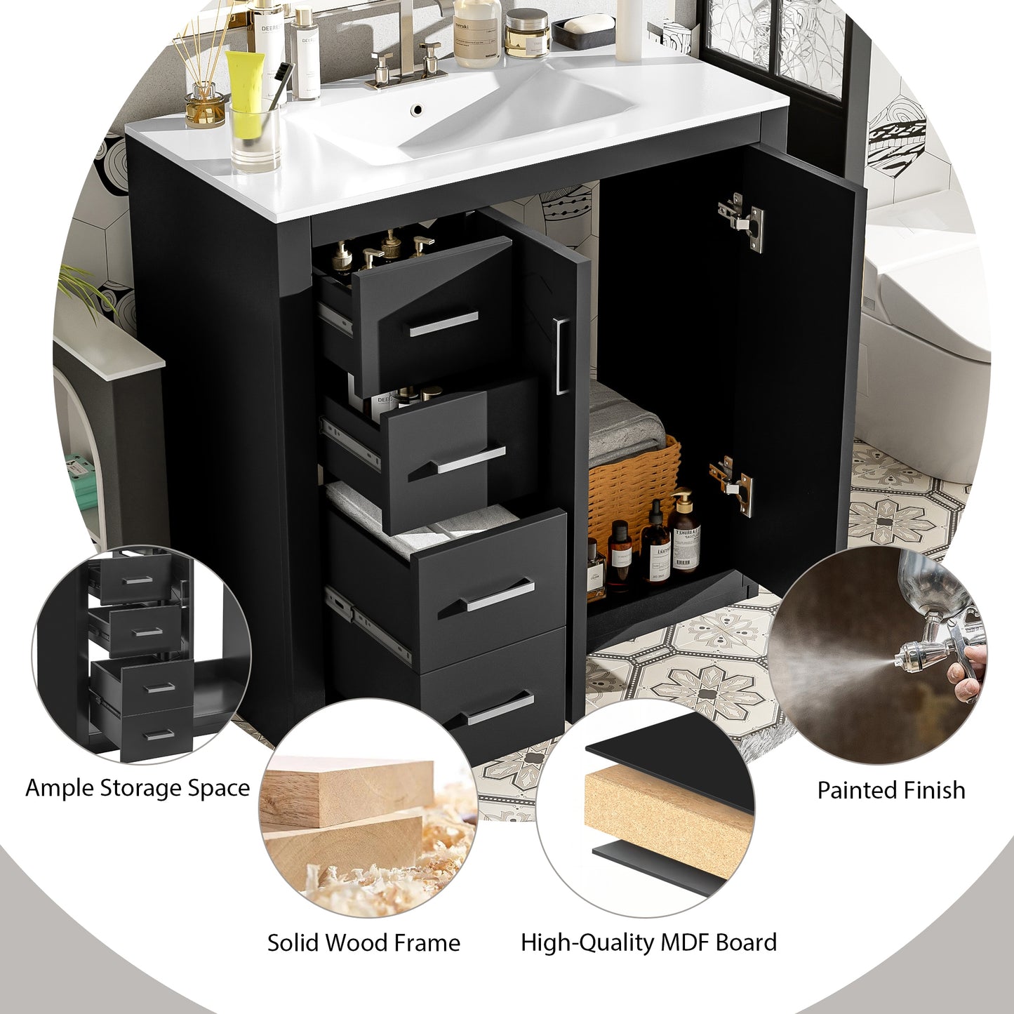 VanityFus 36-in Black Bathroom Vanity Undermount Single Sink Combo with Ceramic Top 2 Soft Close Doors 3 Drawers