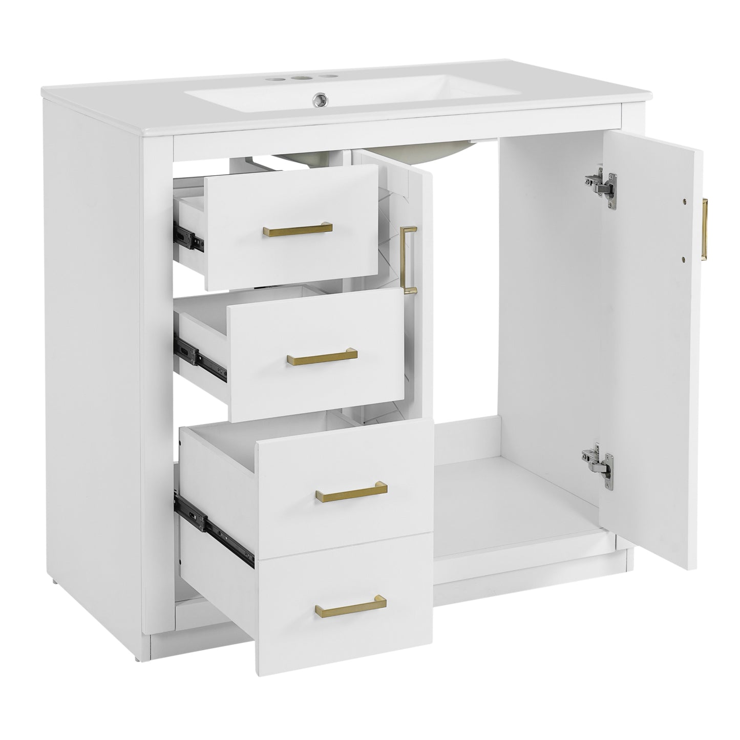 VanityFus 36-in White Bathroom Vanity Undermount Single Sink Combo with Ceramic Top 2 Soft Close Doors 3 Drawers