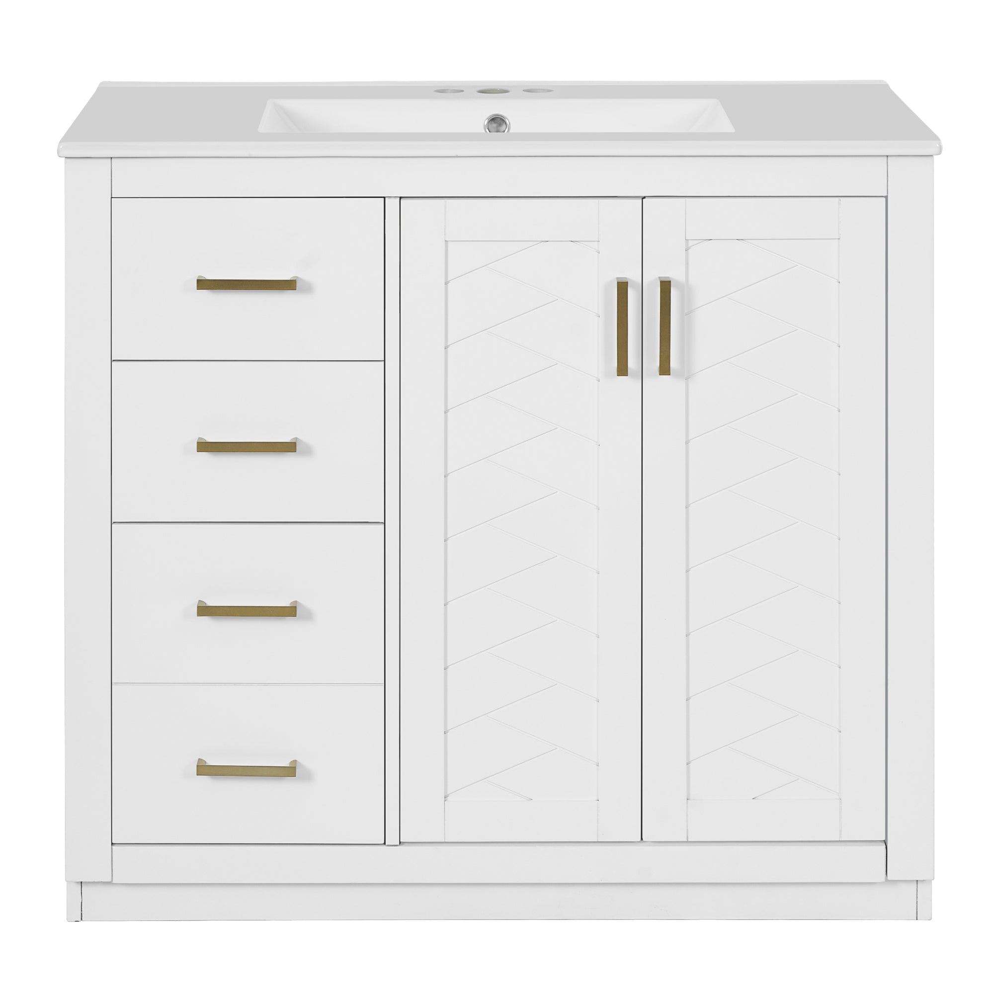 VanityFus 36-in White Bathroom Vanity Undermount Single Sink Combo with Ceramic Top 2 Soft Close Doors 3 Drawers