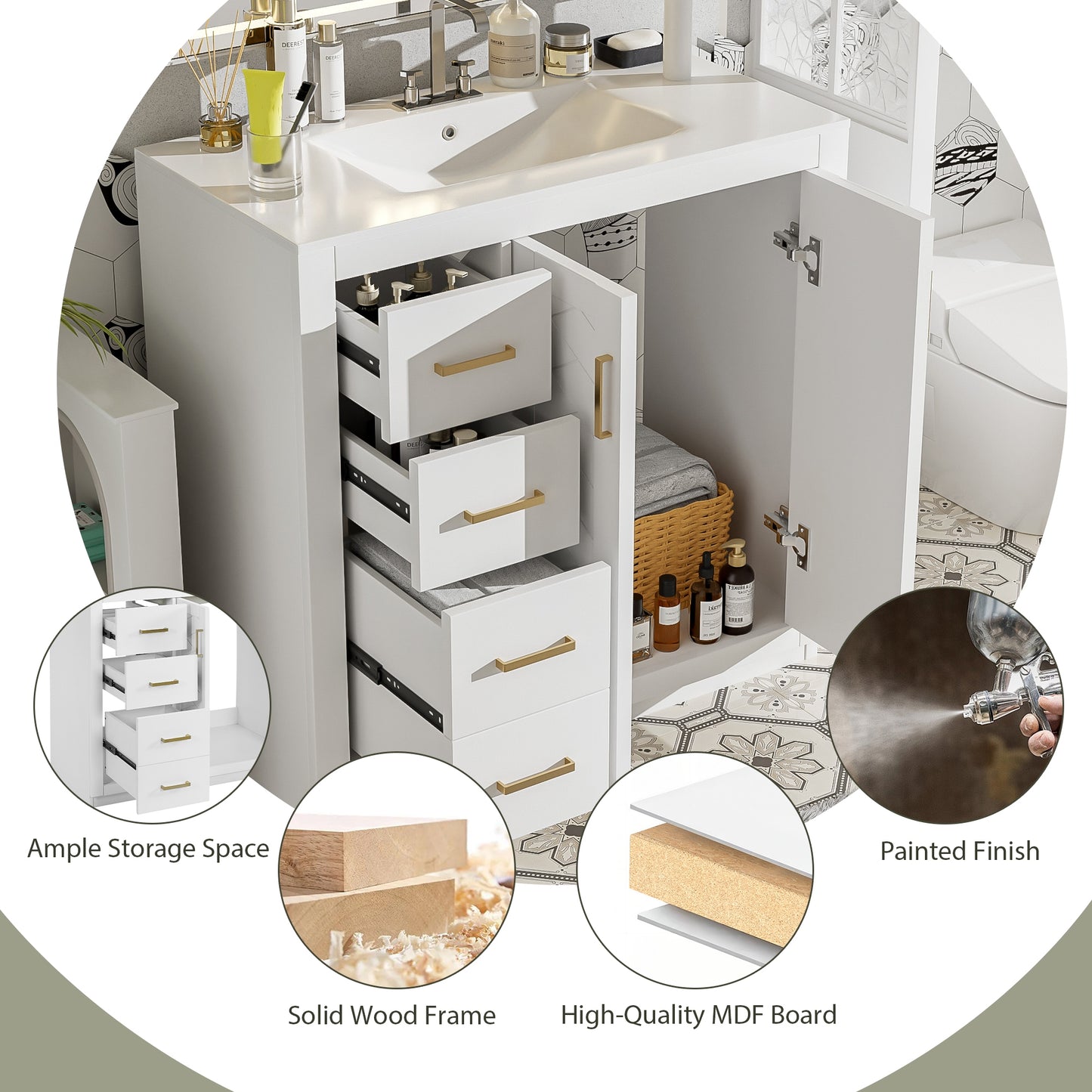 VanityFus 36-in White Bathroom Vanity Undermount Single Sink Combo with Ceramic Top 2 Soft Close Doors 3 Drawers