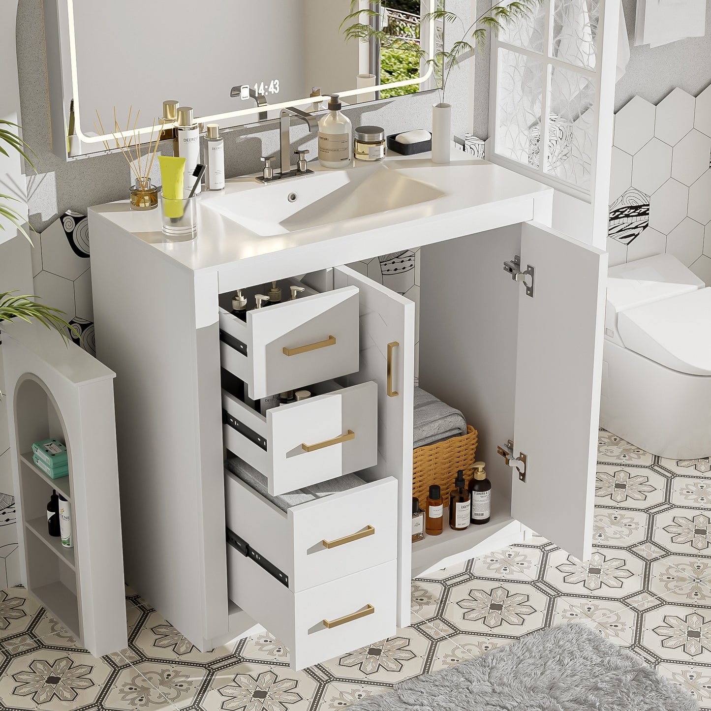 VanityFus 36-in White Bathroom Vanity Undermount Single Sink Combo with Ceramic Top 2 Soft Close Doors 3 Drawers