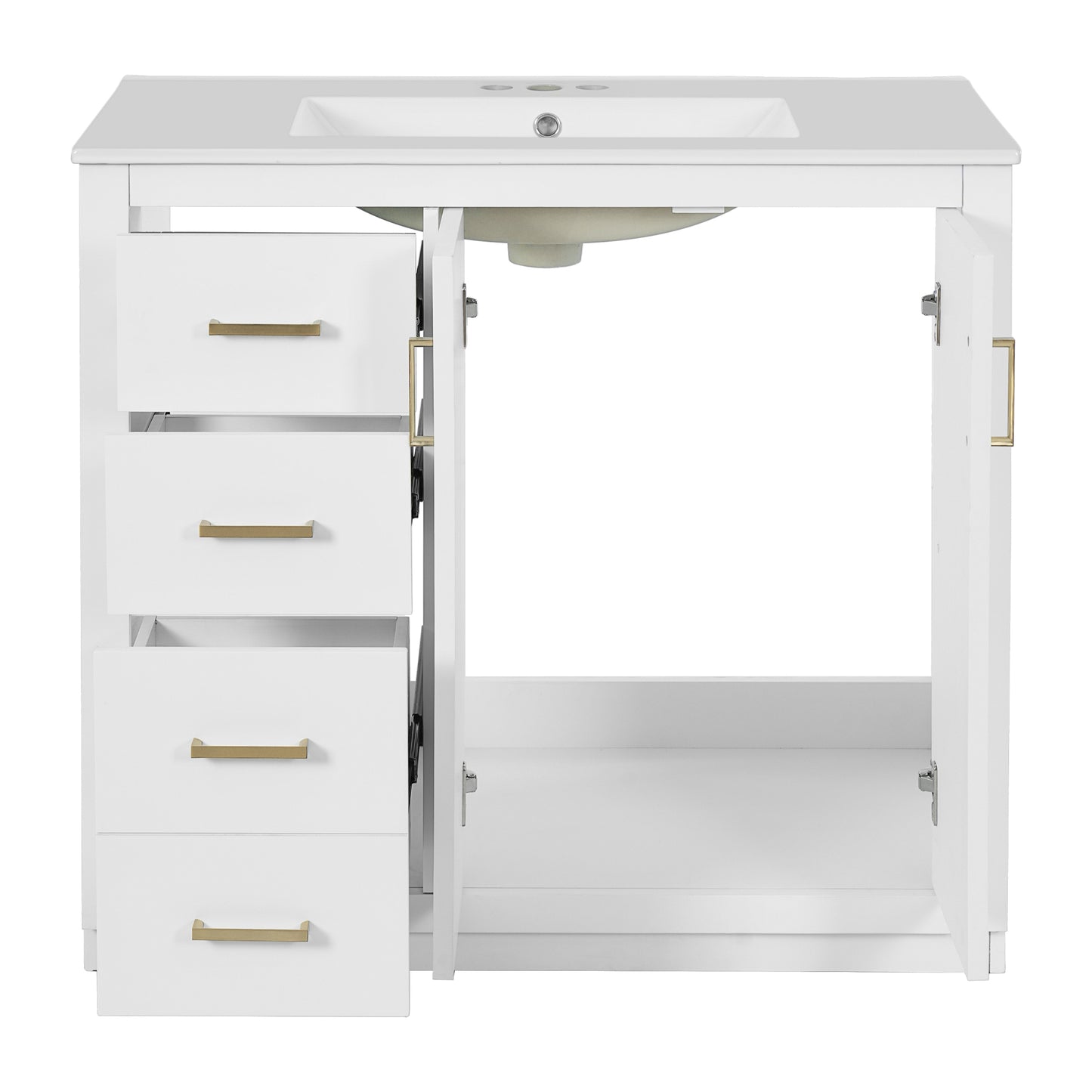 VanityFus 36-in White Bathroom Vanity Undermount Single Sink Combo with Ceramic Top 2 Soft Close Doors 3 Drawers