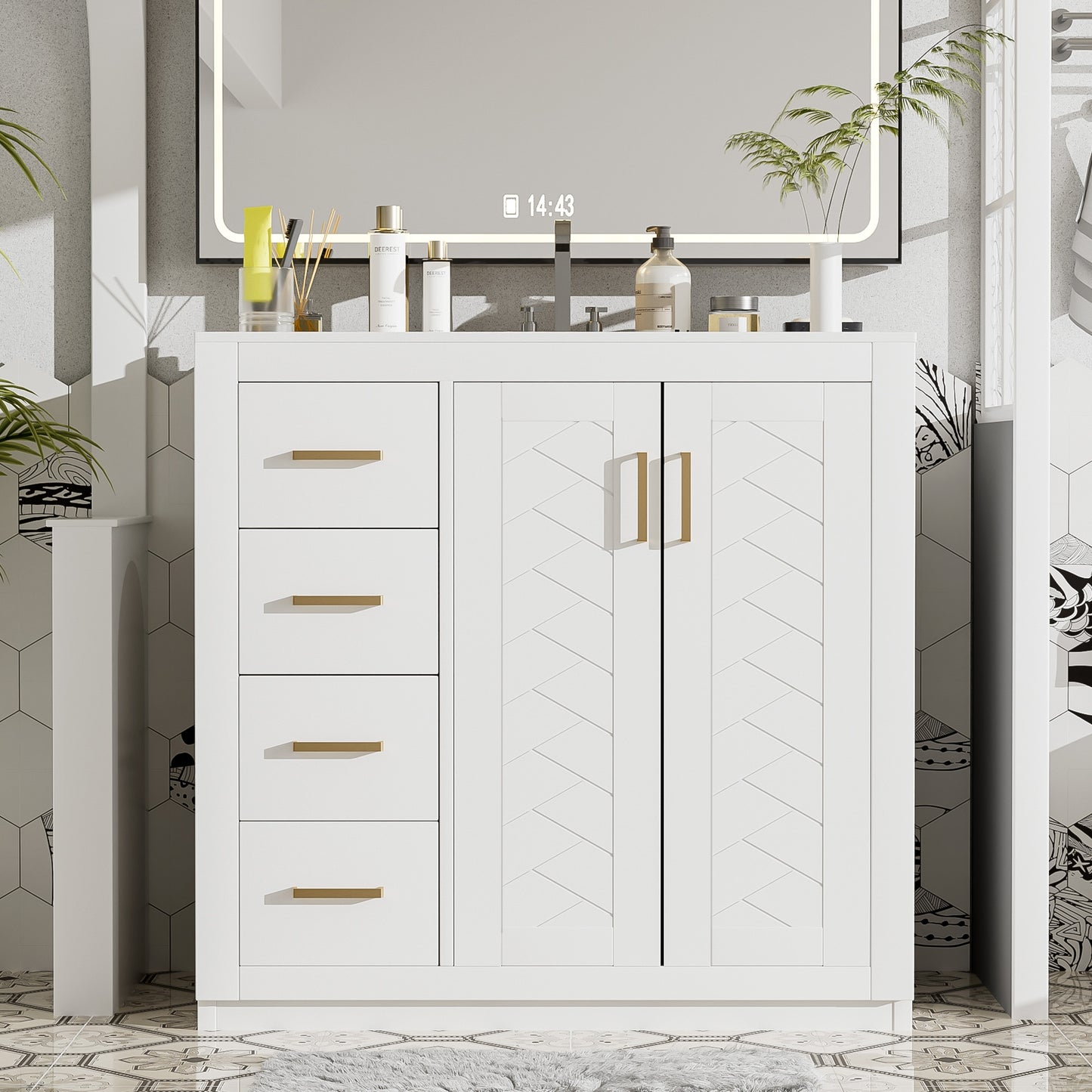 VanityFus 36-in White Bathroom Vanity Undermount Single Sink Combo with Ceramic Top 2 Soft Close Doors 3 Drawers